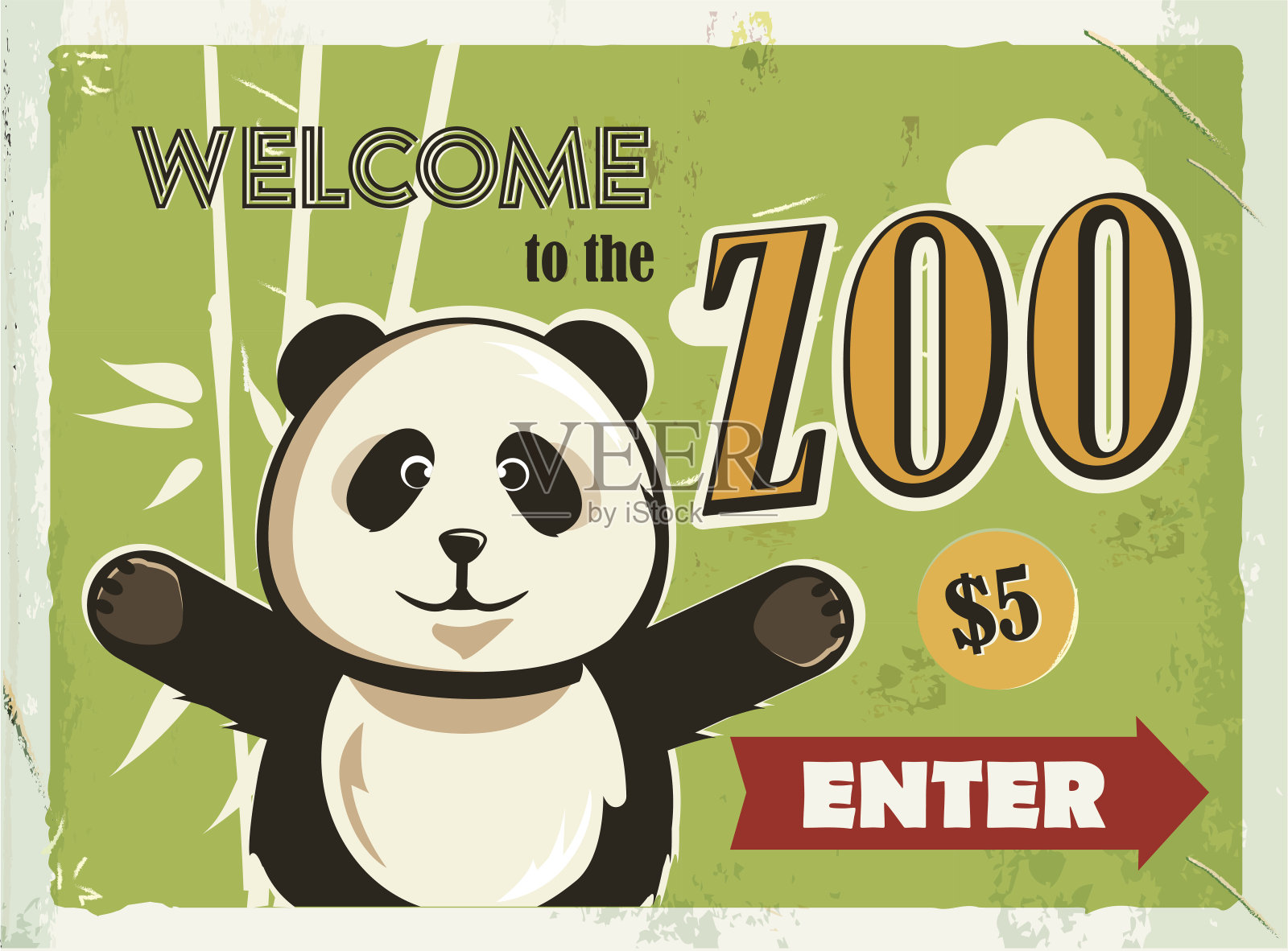 带有熊猫的复古金属标志。欢迎来到动物园。插画图片素材