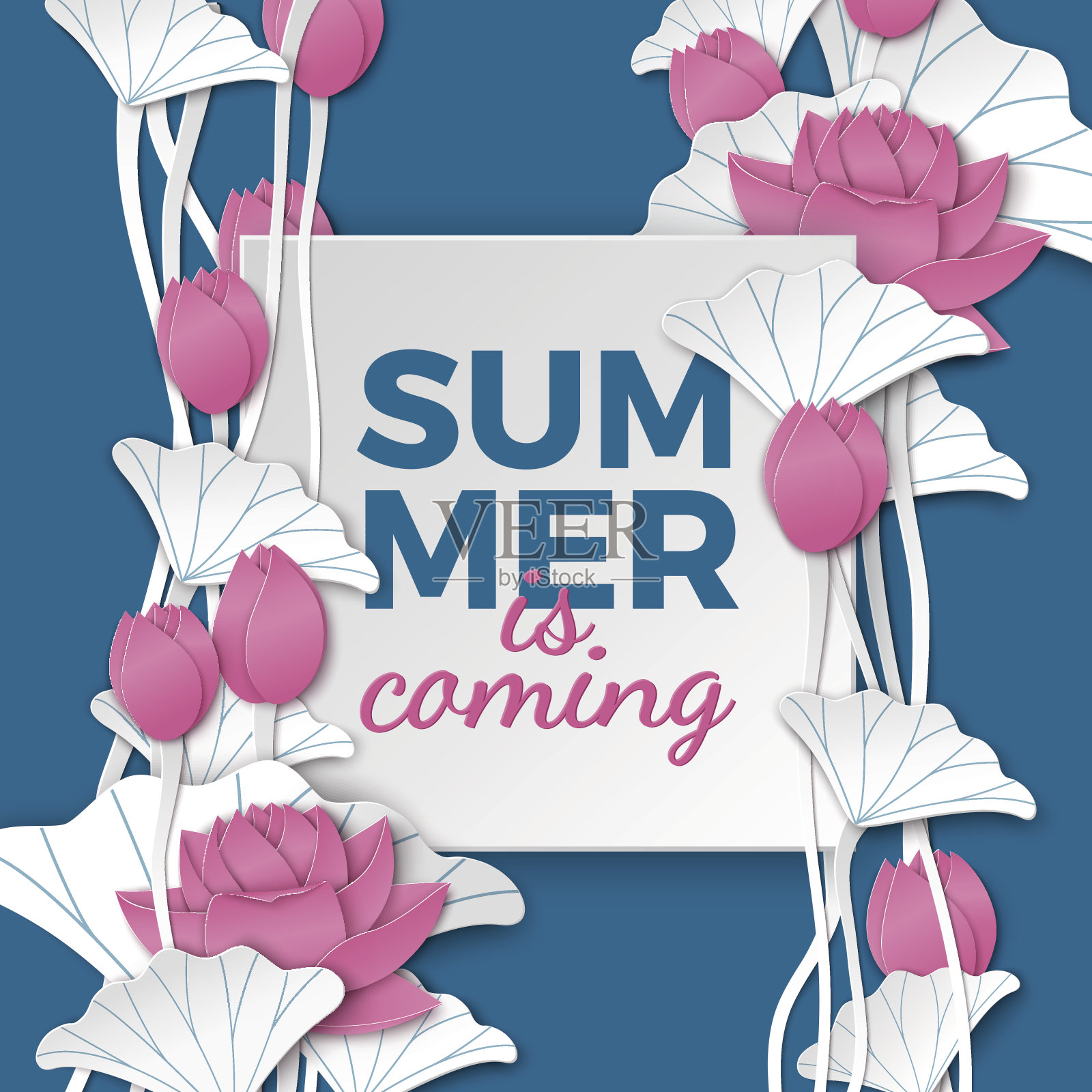 夏季方形卡片与花的背景，剪纸粉色荷花在蓝色的背景明信片，海报或横幅。夏日即将来临，文字在纸框上插画图片素材