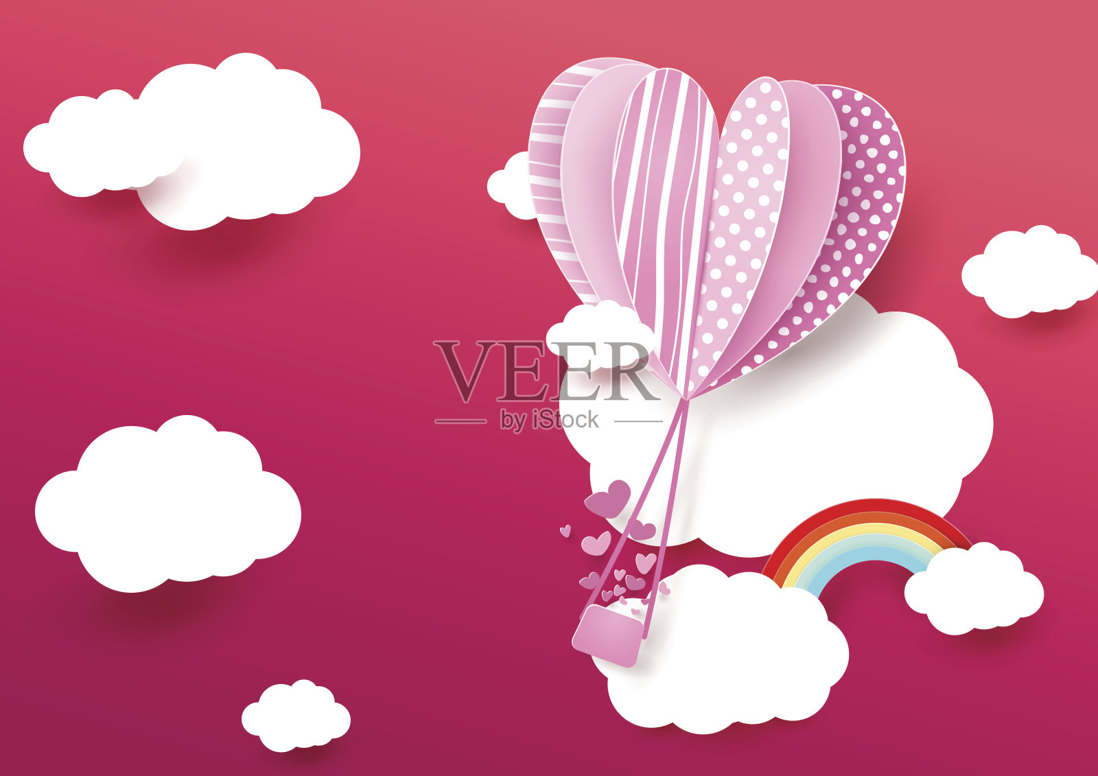 纸艺术风格心形气球，云朵和彩虹飞舞。爱情概念和情人节的背景插画图片素材