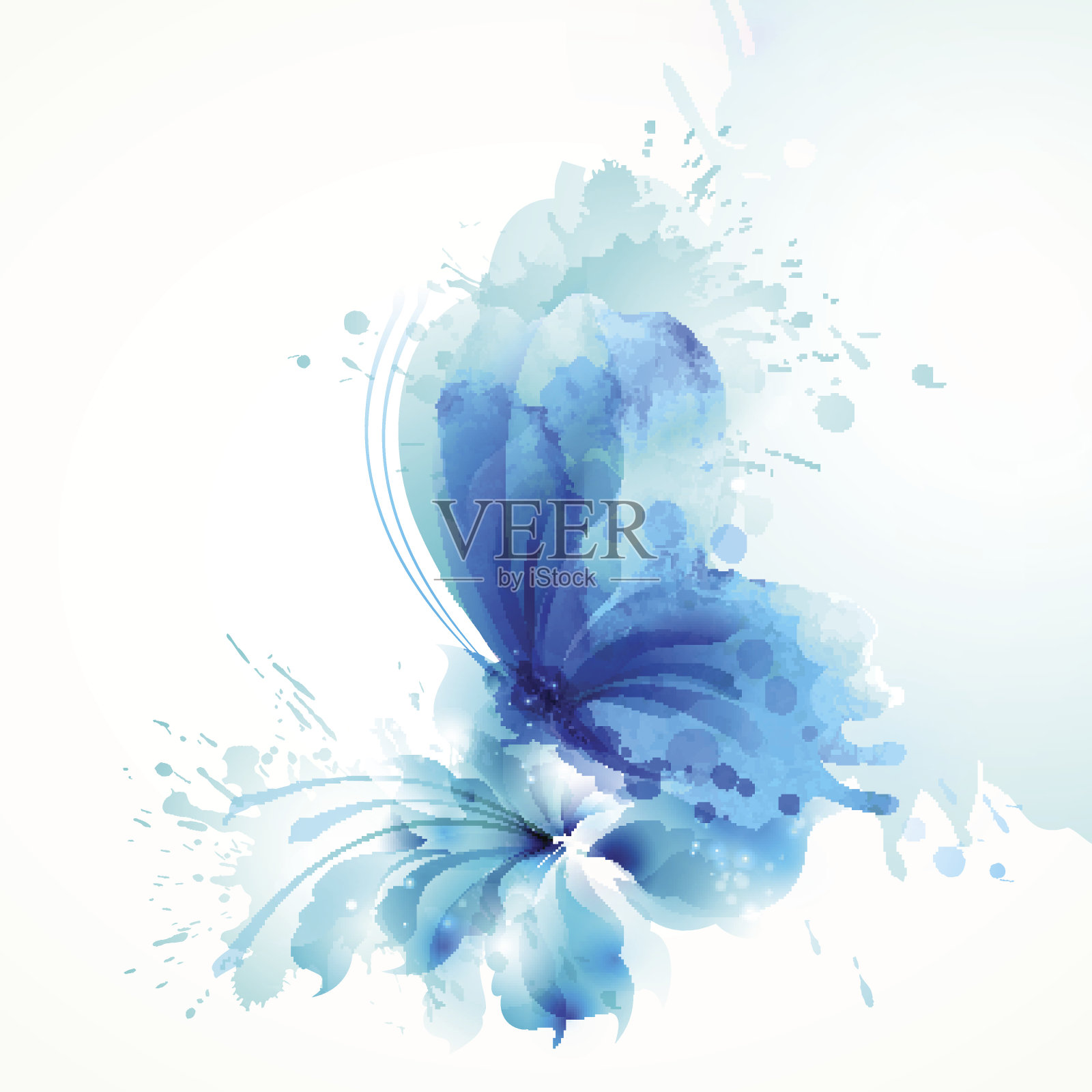 美丽的水彩抽象半透明蝴蝶上的蓝色花在白色的背景。插画图片素材