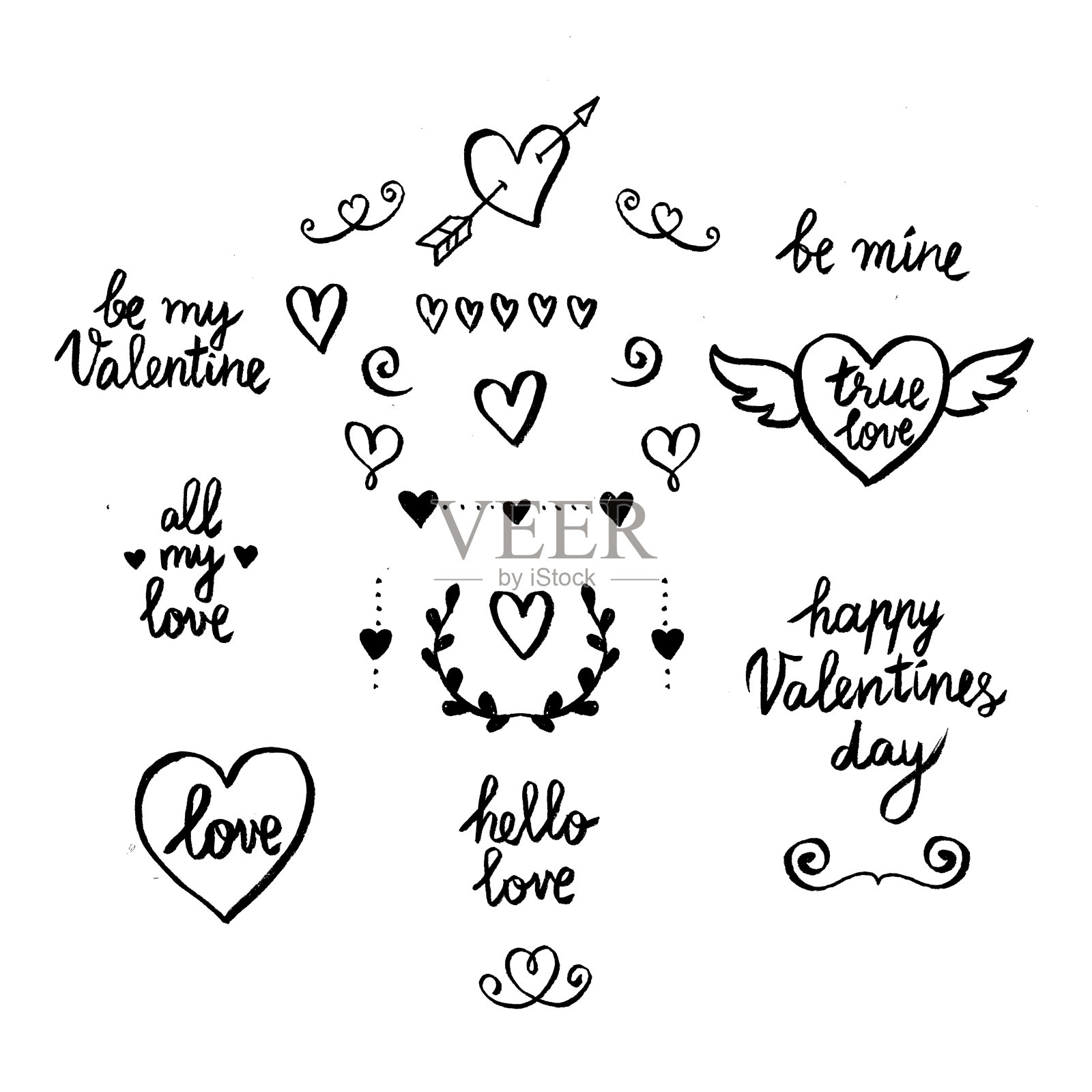 一套手绘的情人节图标和短语设计元素图片