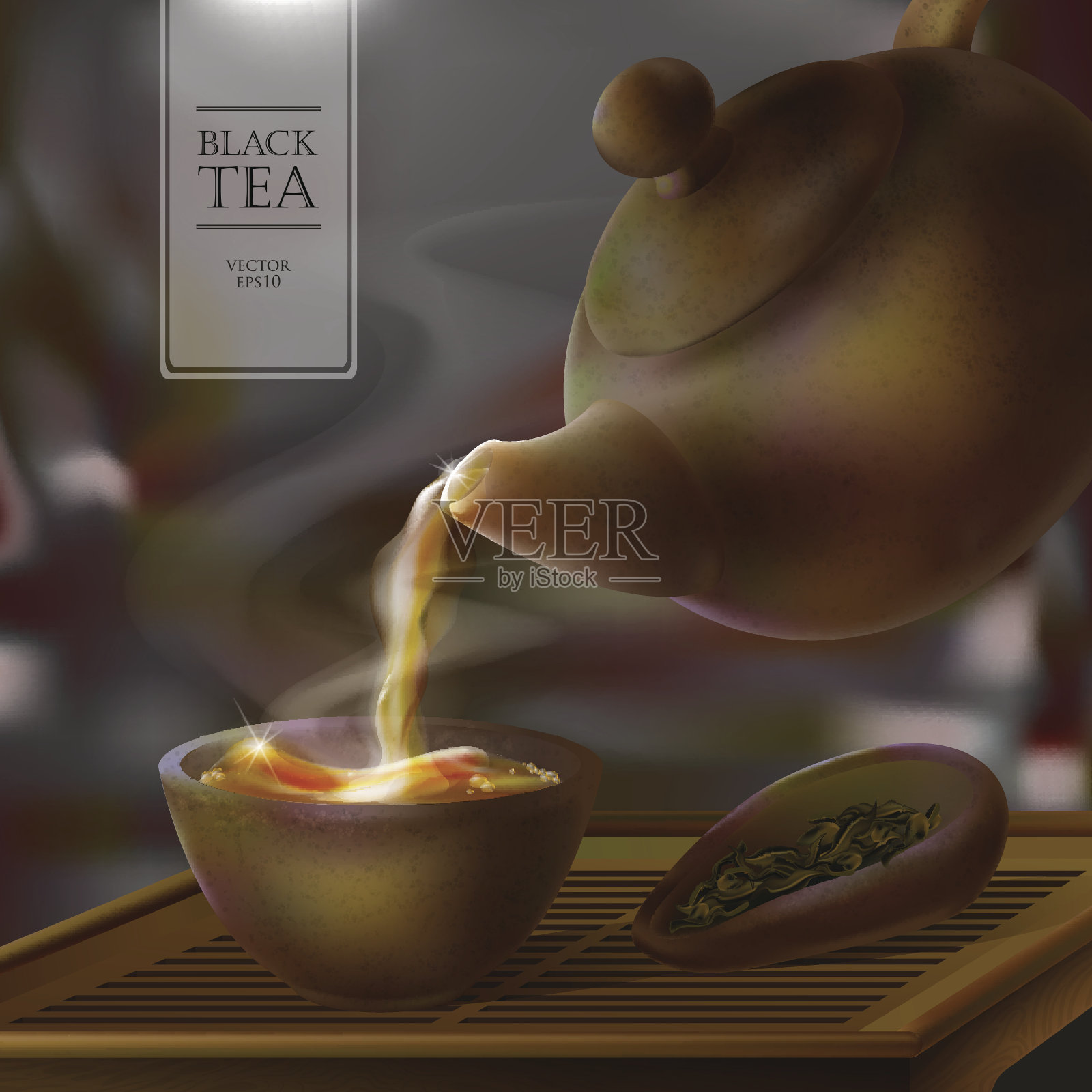矢量3d插图的一个茶道。从水壶里盛满热腾腾的美味饮料。茶壶、碗和红茶插画图片素材