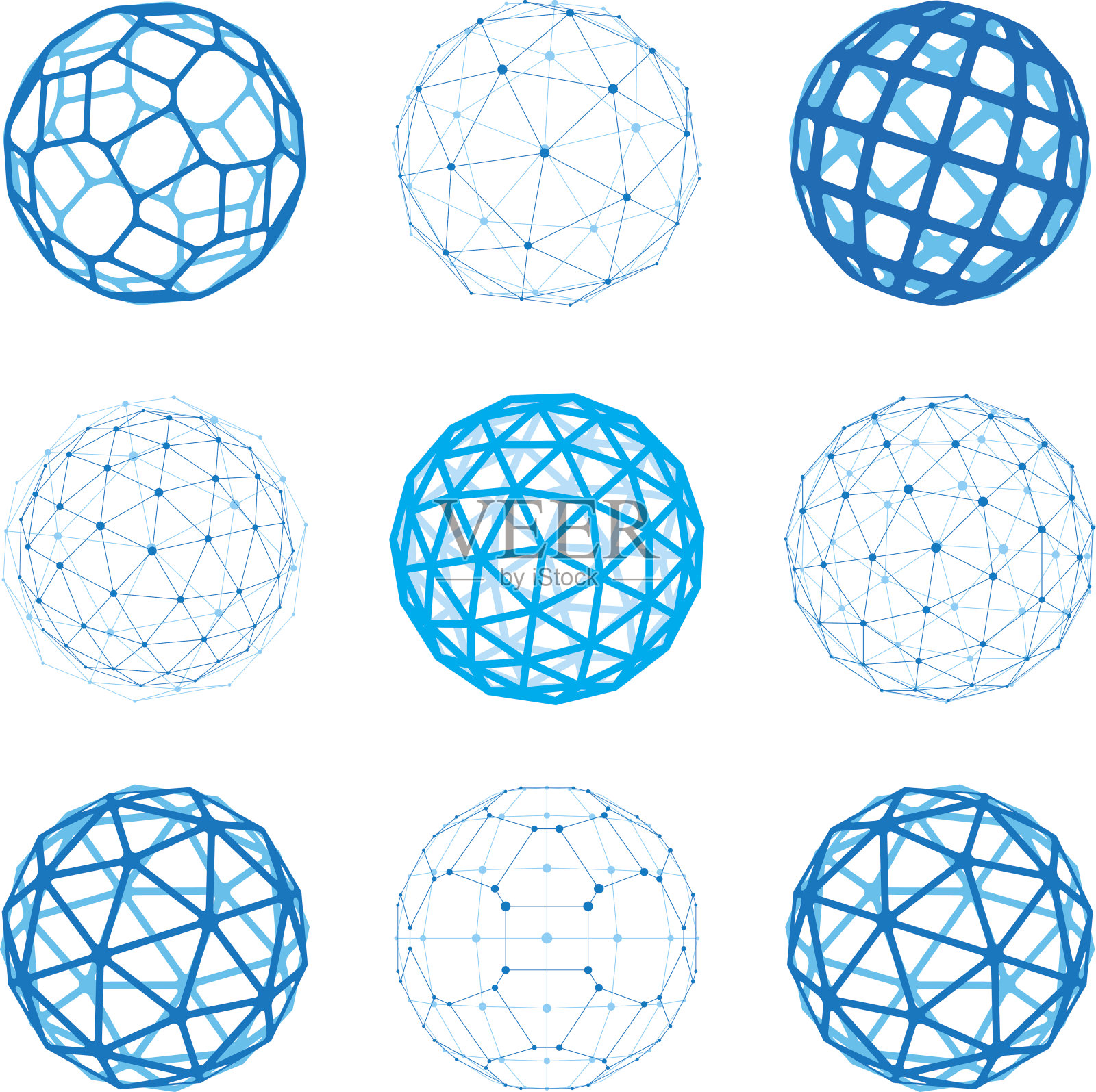 集向量维线框低多边形对象，球面面形状与网格。三维网格元素采集技术可作为工程设计形式。插画图片素材