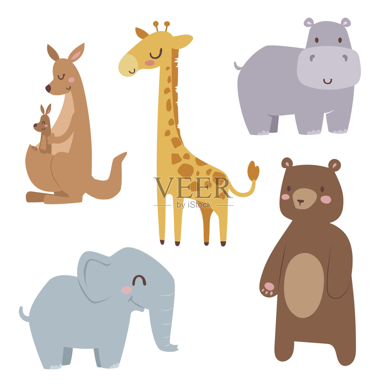 可爱的动物园卡通动物孤立有趣的野生动物学习可爱的语言和热带自然狩猎哺乳动物丛林高大的字符矢量插图插画图片素材