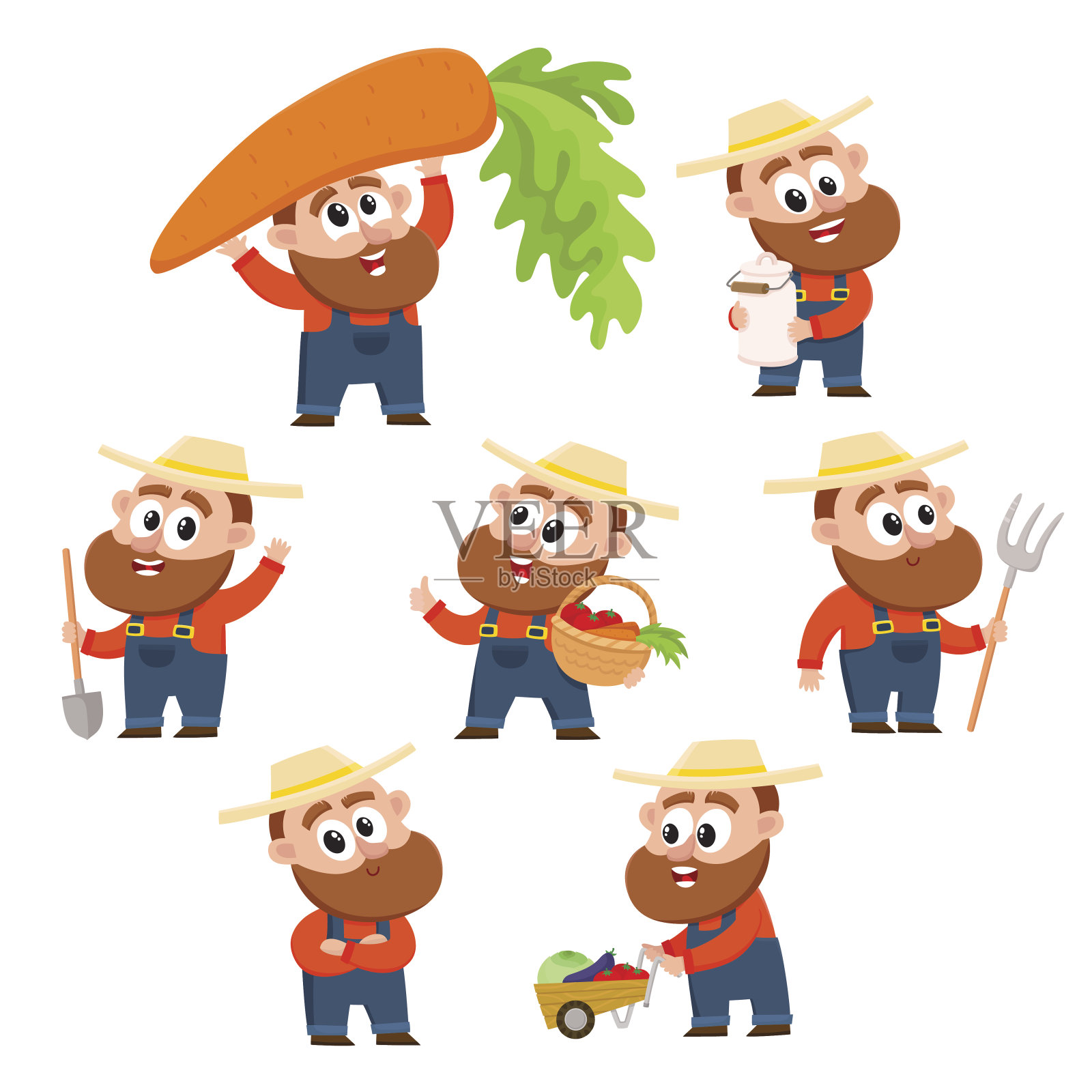 滑稽的农民，园丁角色在不同的姿势插画图片素材