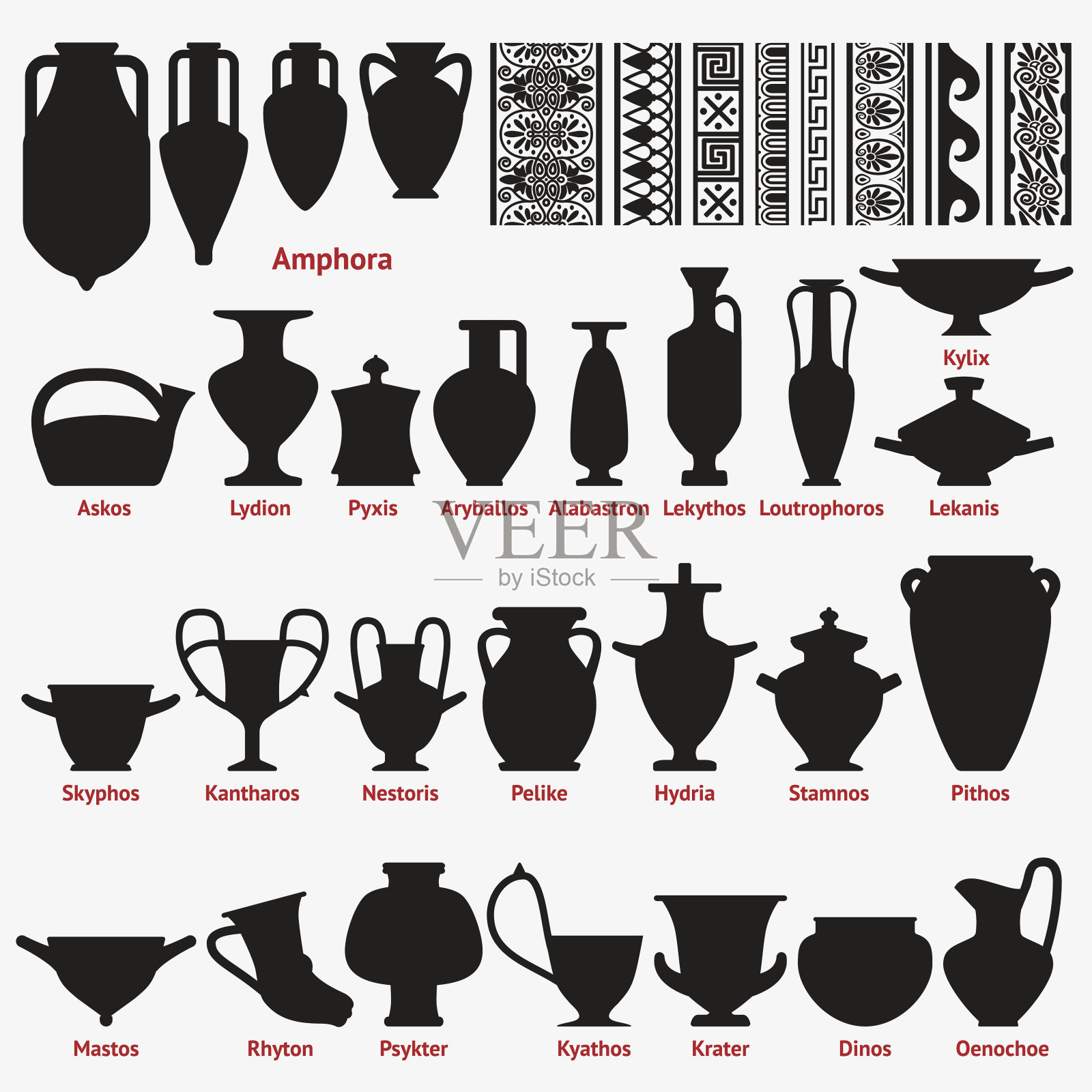 套古希腊花瓶和镶边纹饰无缝图案插画图片素材