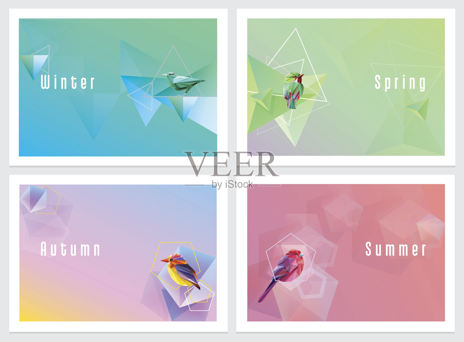 现代色彩丰富的四季壁纸与几何形状和鸟类插画图片素材