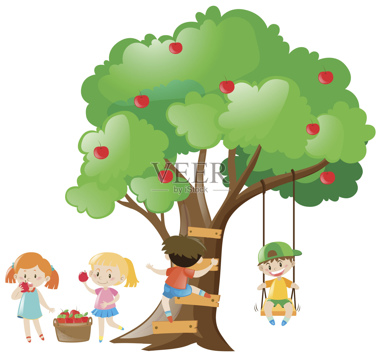 孩子们从树上摘苹果插画图片素材