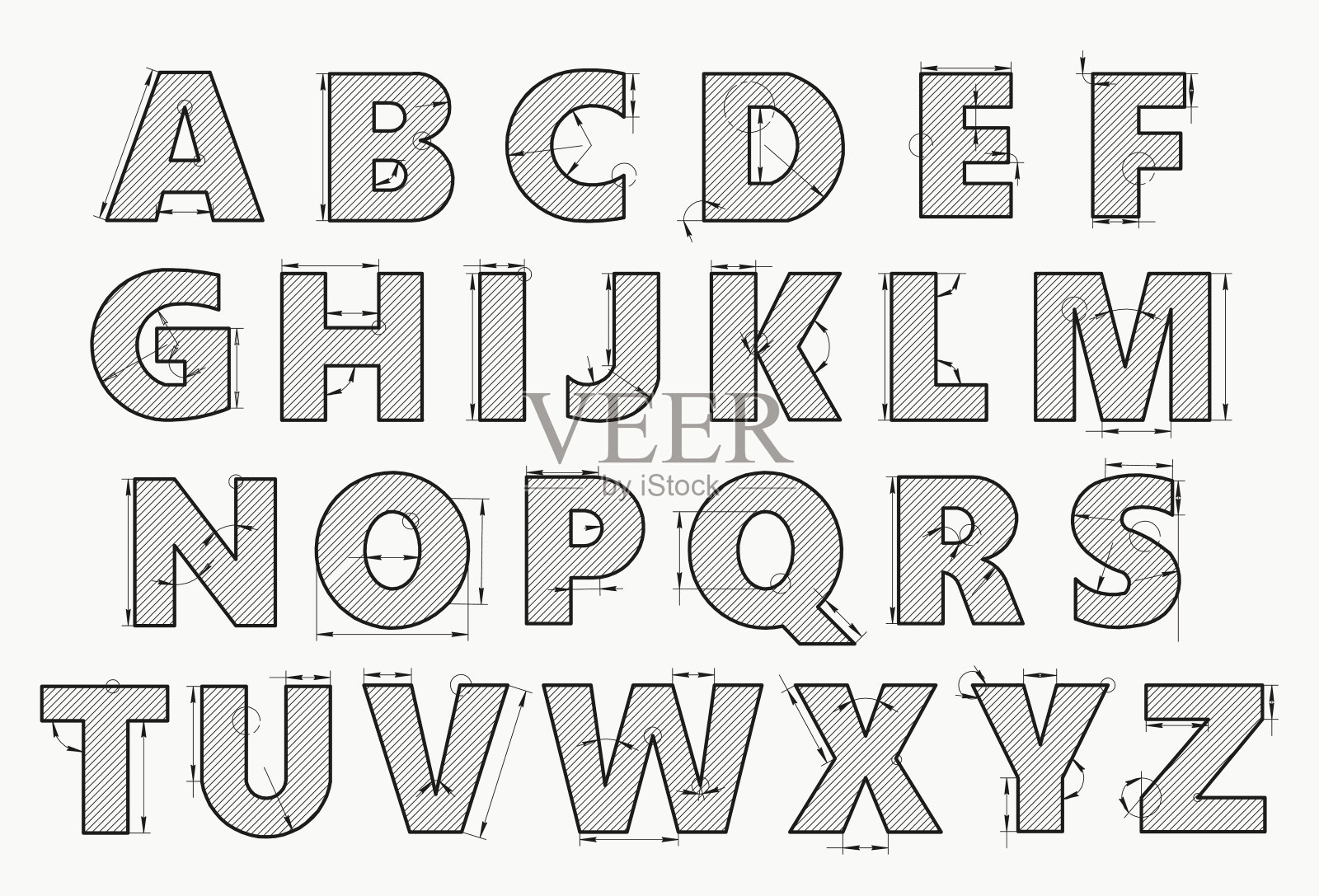 技术图纸风格的字母表插画图片素材