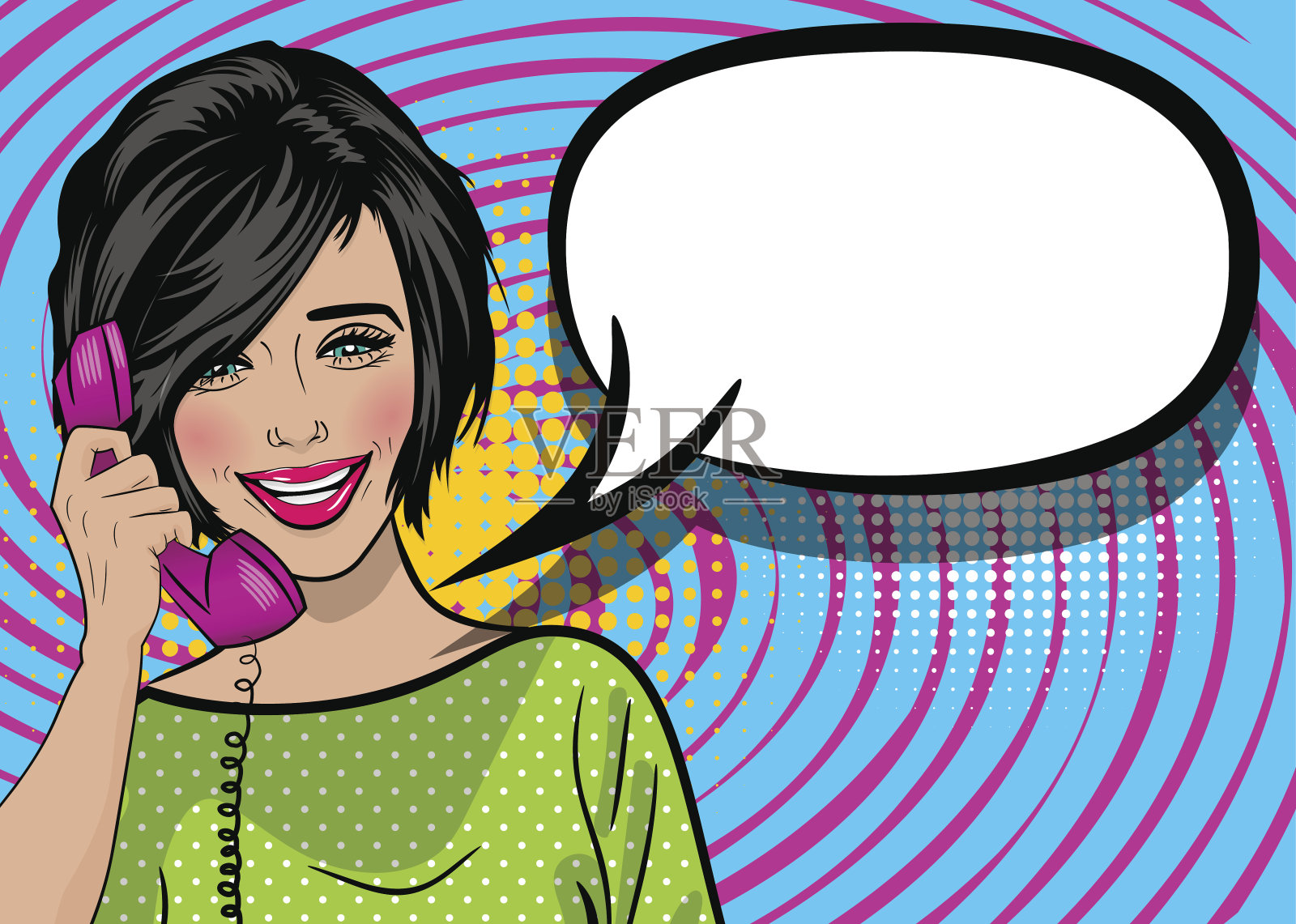波普艺术卡通女人牵手复古电话交谈插画图片素材