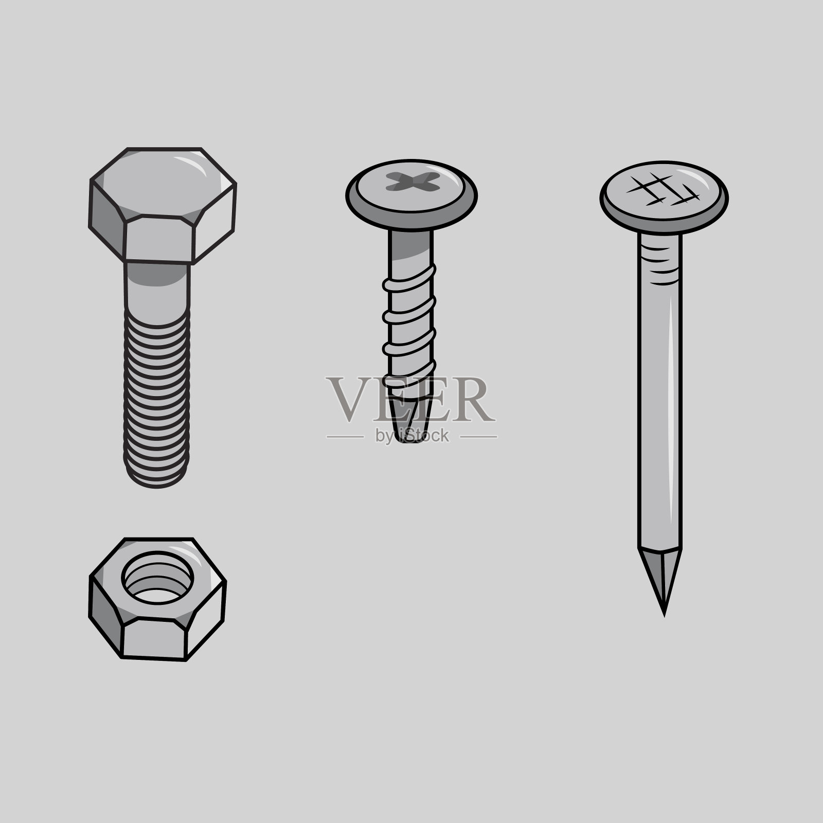 灰色背景上孤立的金属制品。矢量螺栓，螺母，螺钉和钉子。设计元素图片