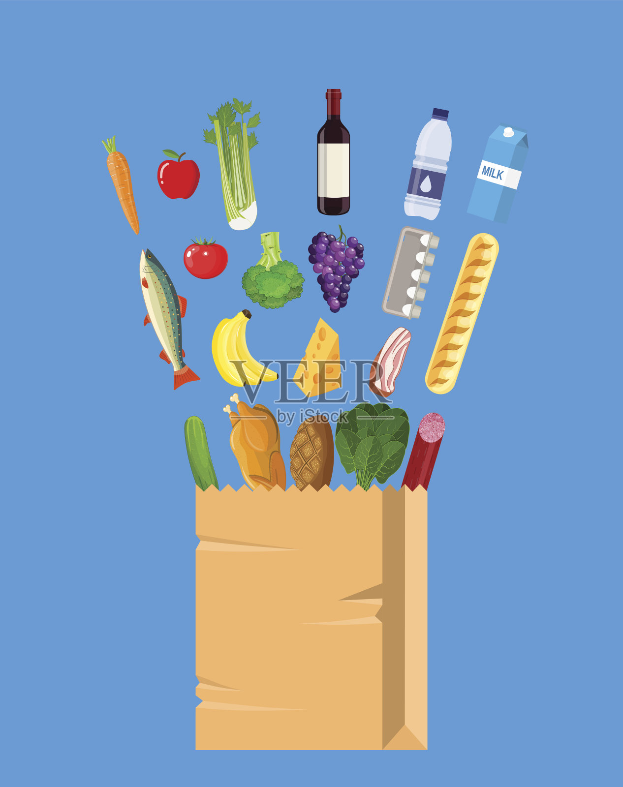 新鲜健康的农产品和纸袋。插画图片素材