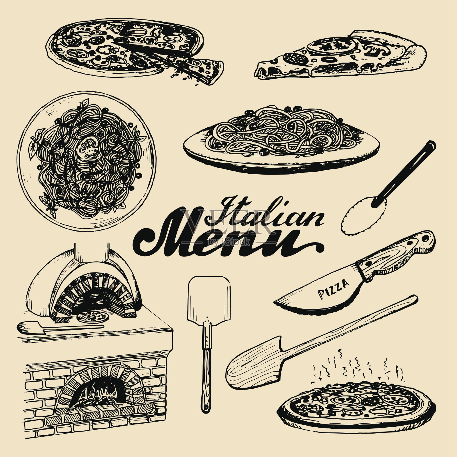 手绘的意大利菜单。矢量集绘制地中海食物元素与字母在墨水风格。插画图片素材