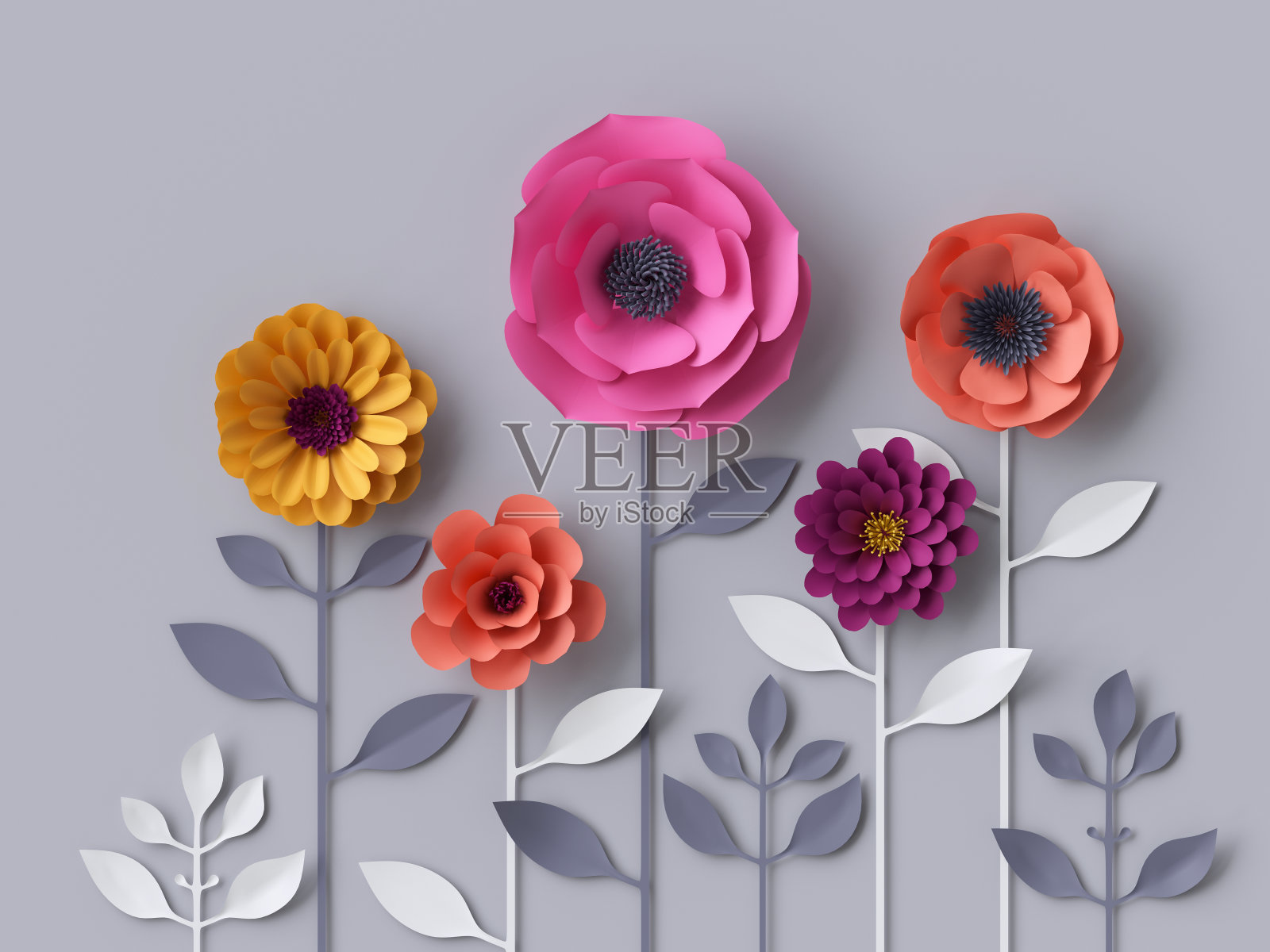 3d渲染，数字插图，粉紫色红黄色纸花壁纸，春夏背景，孤立，花卉设计元素插画图片素材