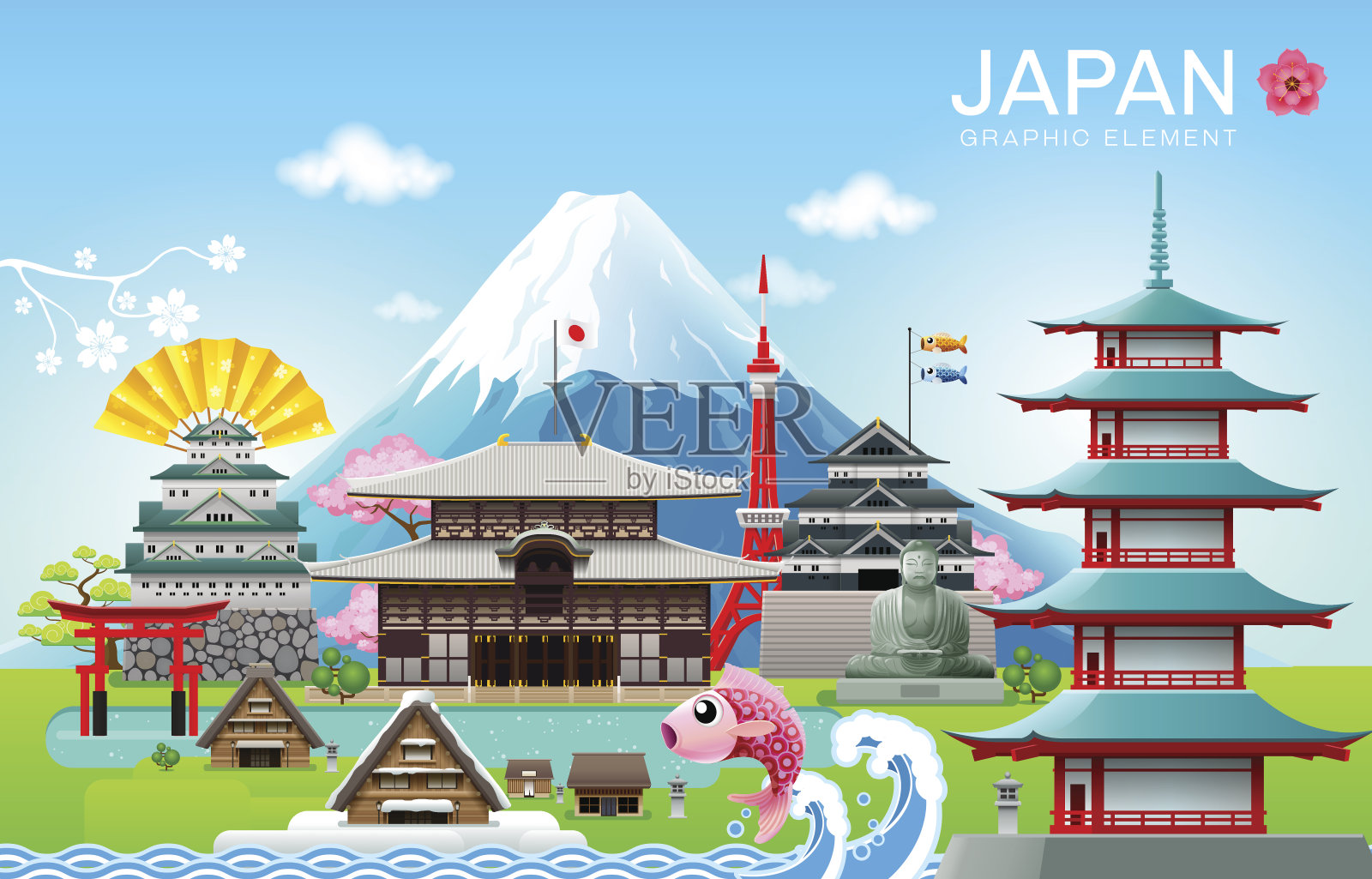 日本地标旅游对象矢量插图设计模板素材