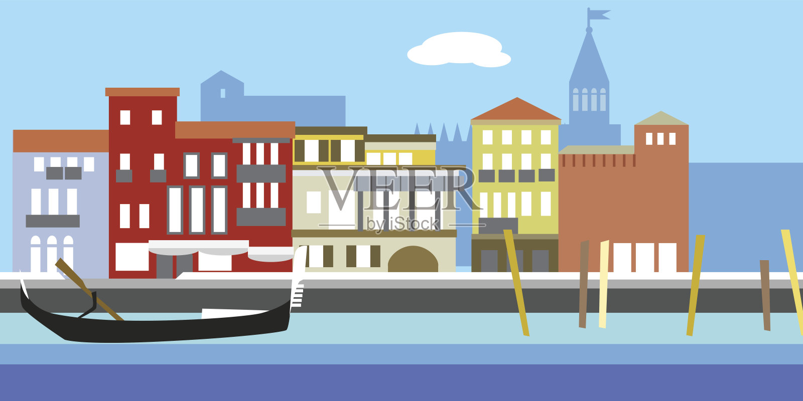 简单风格的欧洲城市景观矢量图。传统的景观。老式欧洲风格的房子。河道及船只。插画图片素材