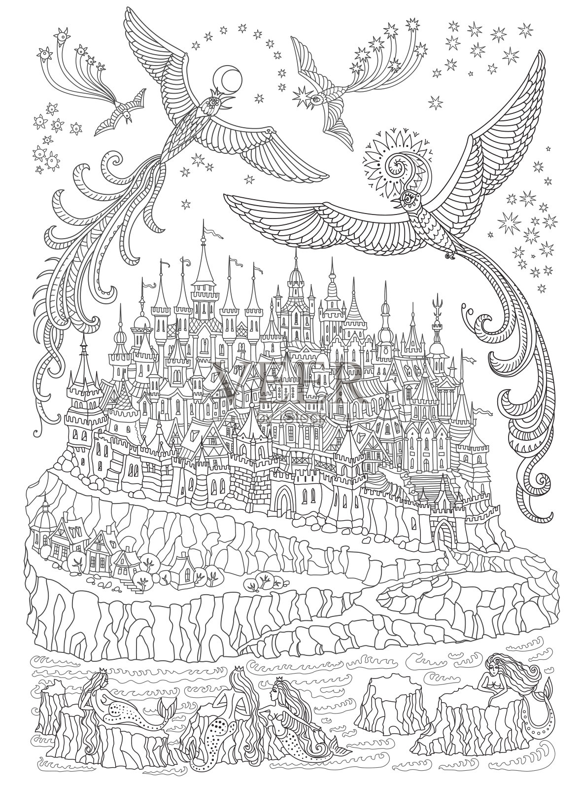 矢量卡通童话岛城堡和房子，美人鱼在海悬崖上，幻想鸟与星星。手绘黑白涂鸦素描。t恤打印。成人和儿童涂色书垂直页插画图片素材