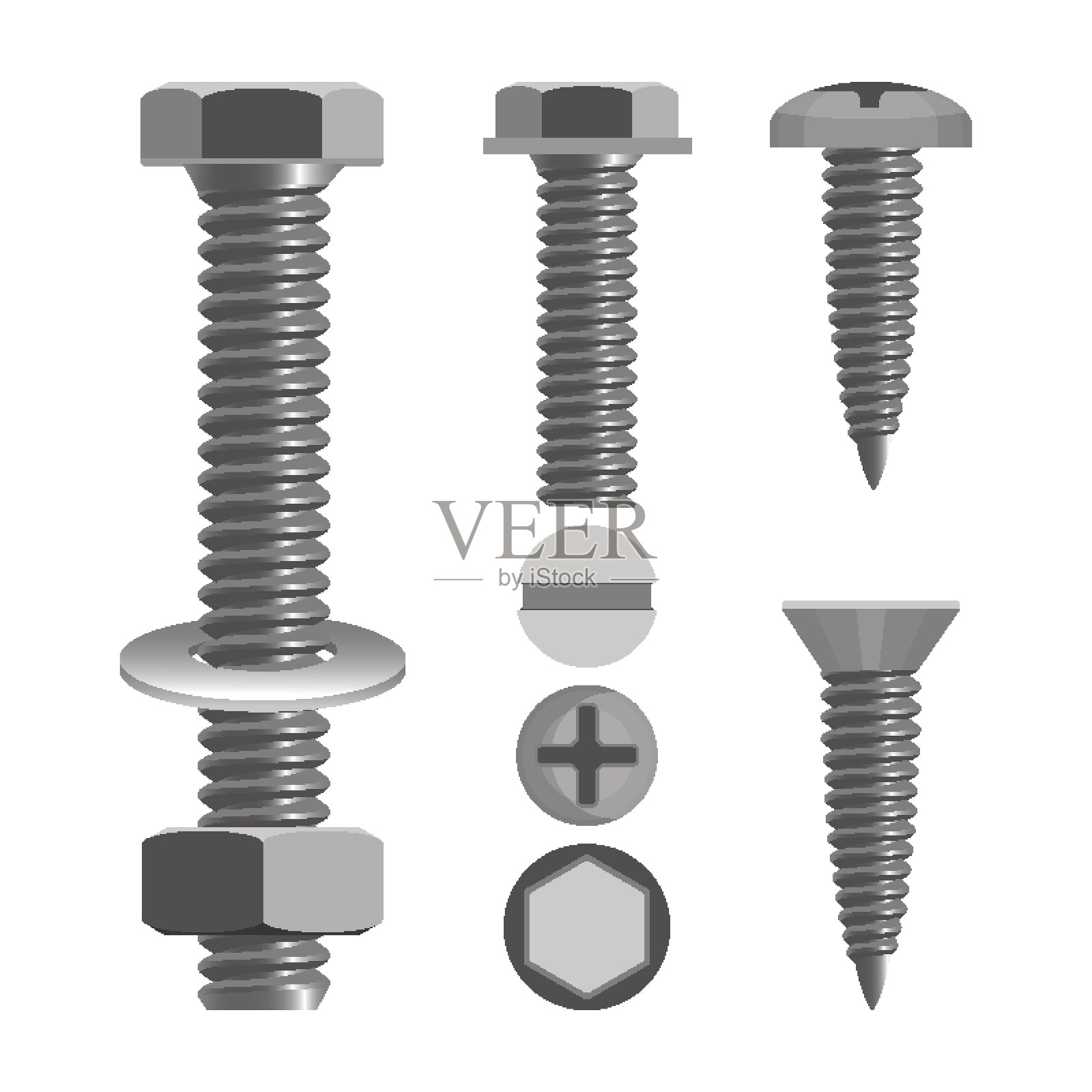 螺栓和螺母与不同的螺丝头类型现实的矢量插图设计元素图片