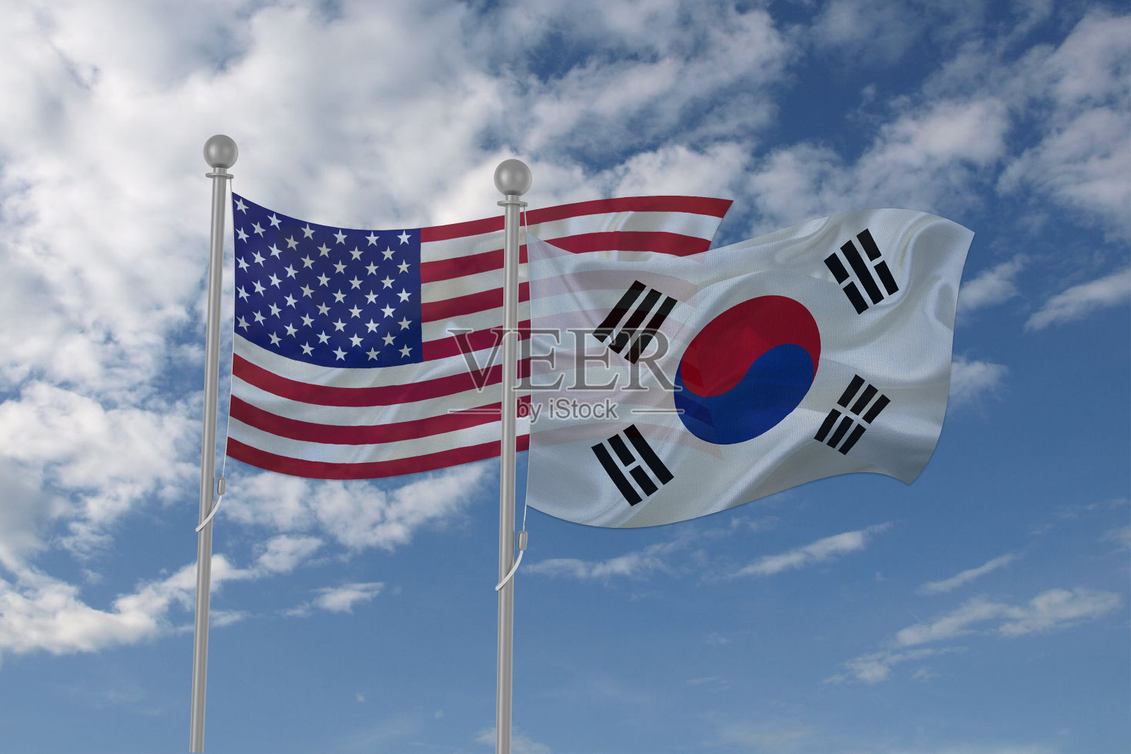 美国和韩国的国旗在天空中飘扬照片摄影图片