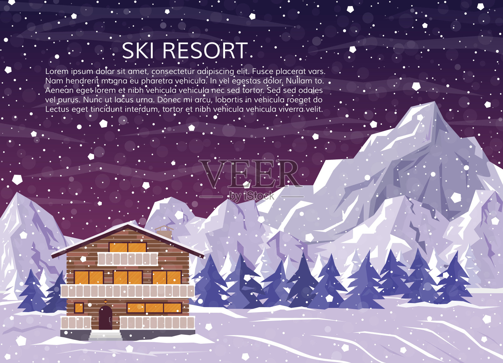 滑雪度假村或酒店在山区景观，松林和落雪。冬季家庭别墅为圣诞假期的夜晚。矢量插图的贺卡。插画图片素材