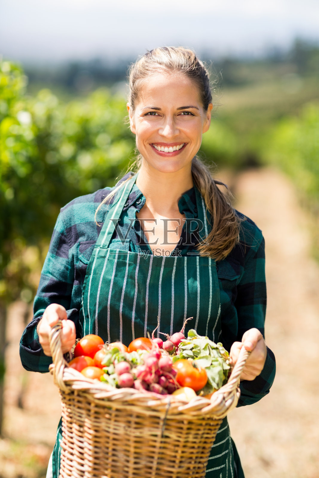 一个快乐的女农民抱着一篮蔬菜照片摄影图片