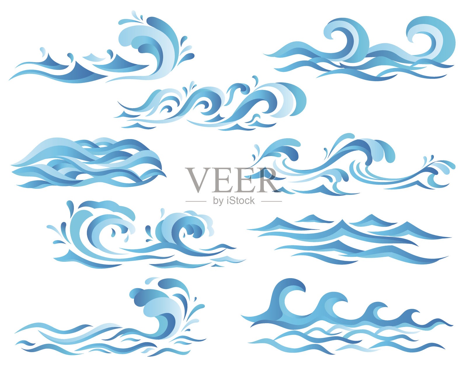 装饰性的蓝色海浪和海浪图标与卷发强大的水流，飞溅和白色泡沫帽。可用于自然、海洋旅行或旅行主题插画图片素材