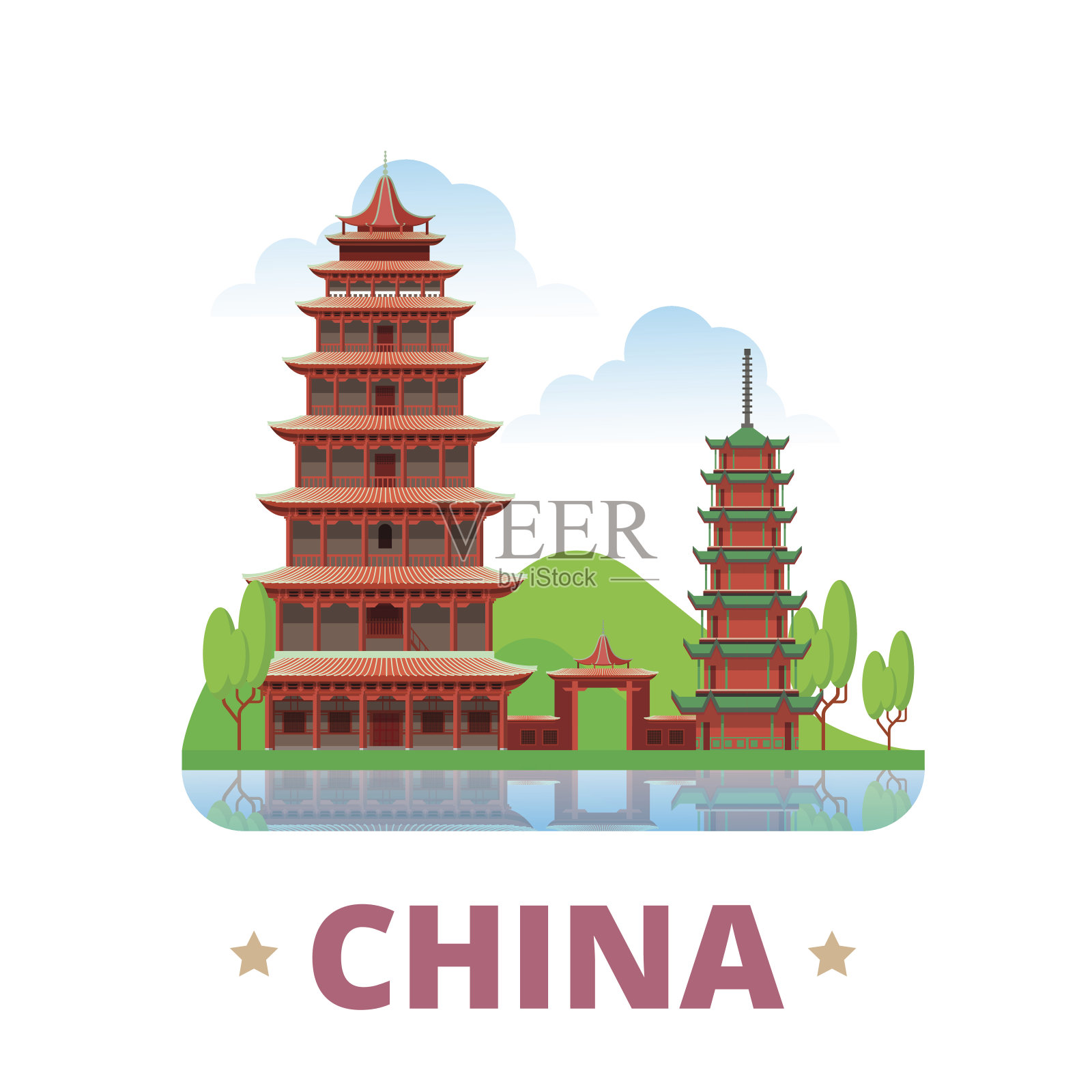 中国乡村冰箱磁铁异想天开的设计模板。平面卡通风格的历史景观展示网站矢量插图。世界度假旅游观光亚洲亚洲收藏。莫高窟。插画图片素材