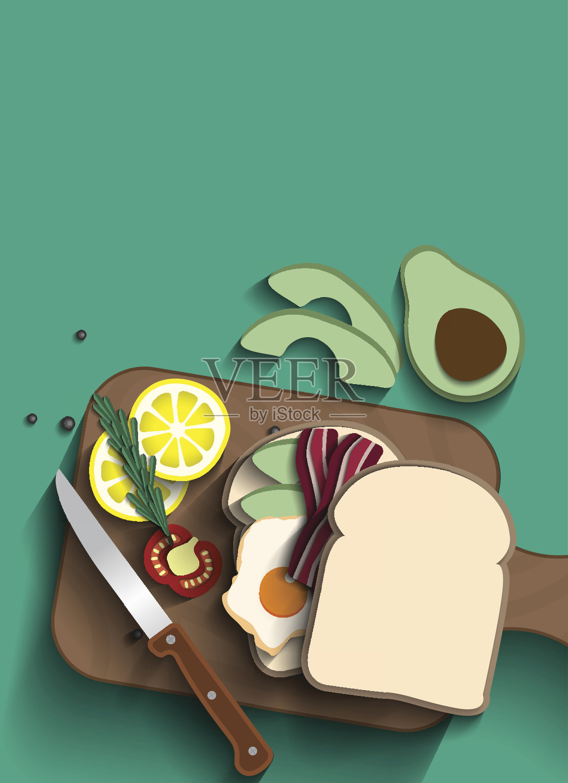 煎蛋和培根三明治俯视图。插画图片素材