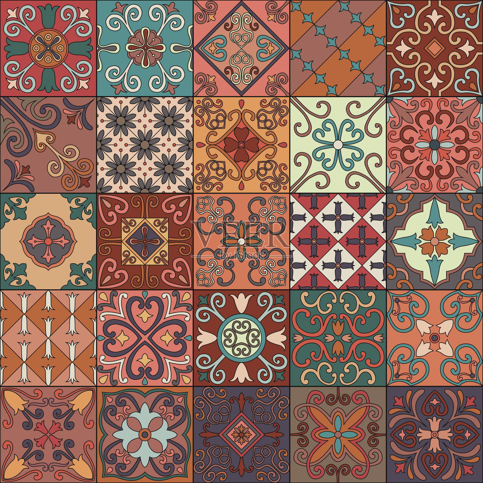 无缝模式与葡萄牙瓷砖在塔拉韦拉风格。阿祖列霍，摩洛哥，墨西哥的装饰品。插画图片素材