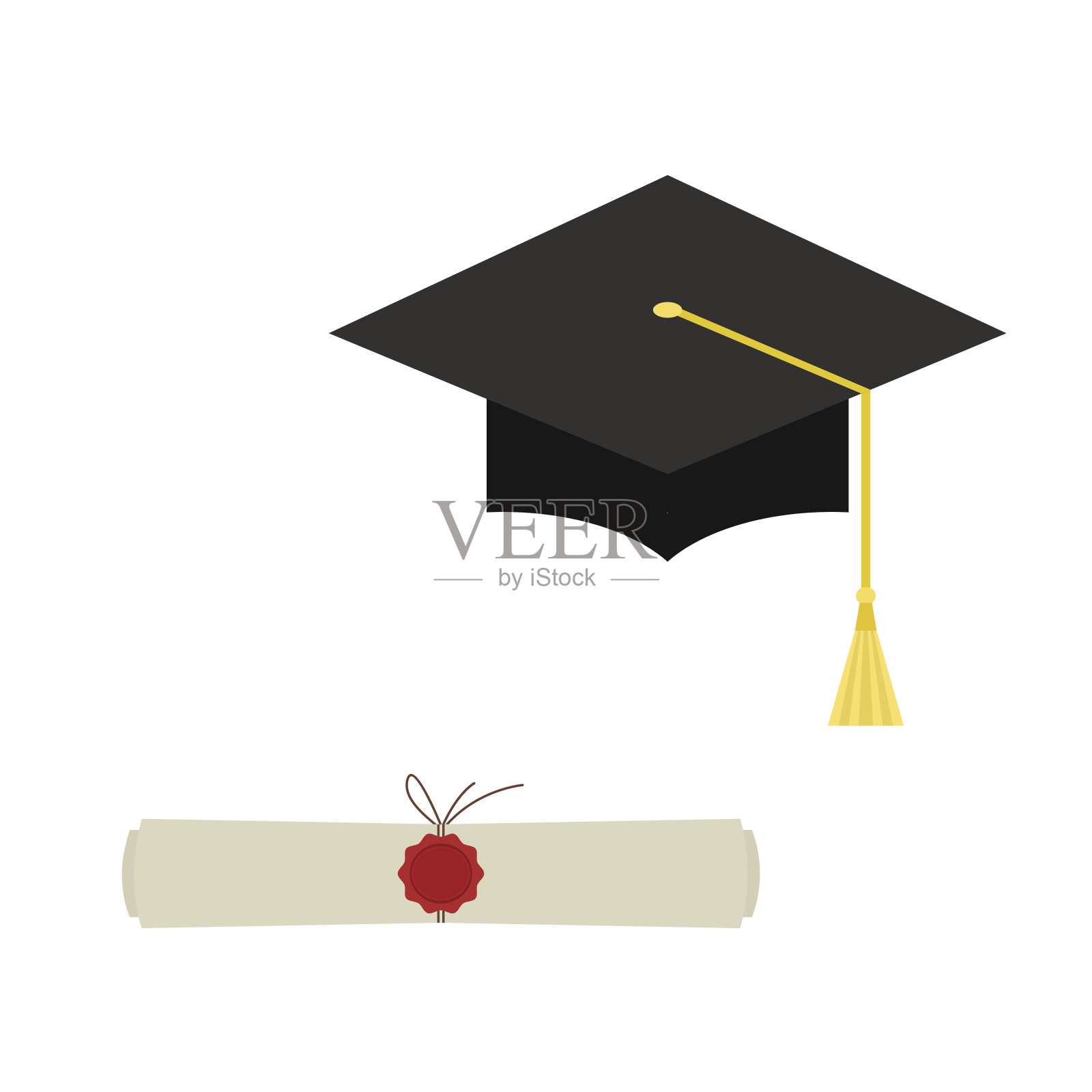 黑色的毕业帽和文凭滚动网页图标孤立在白色的背景。插画图片素材