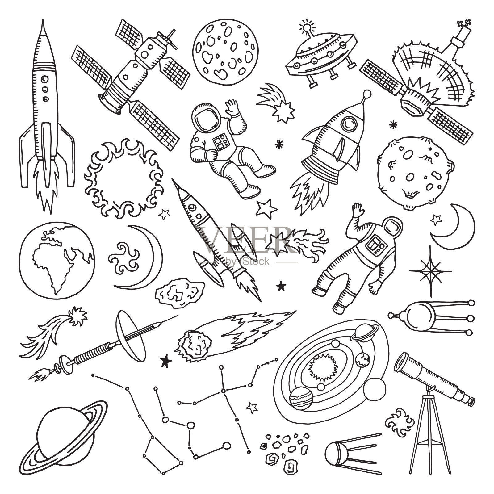 涂鸦不同的宇宙元素。行星，太阳，地球和月球。矢量手绘插图插画图片素材