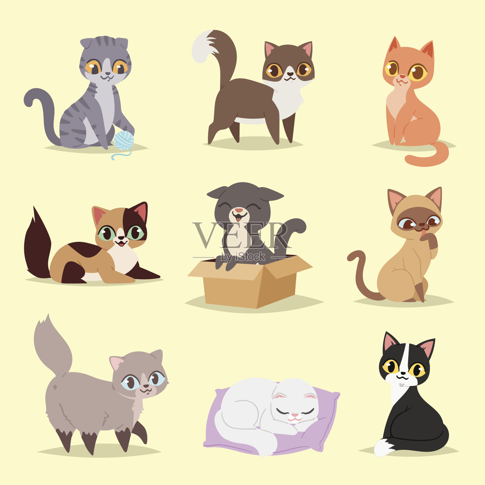 可爱的猫咪猫咪可爱的性格不同的姿态向量。不同品种的家猫插画图片素材