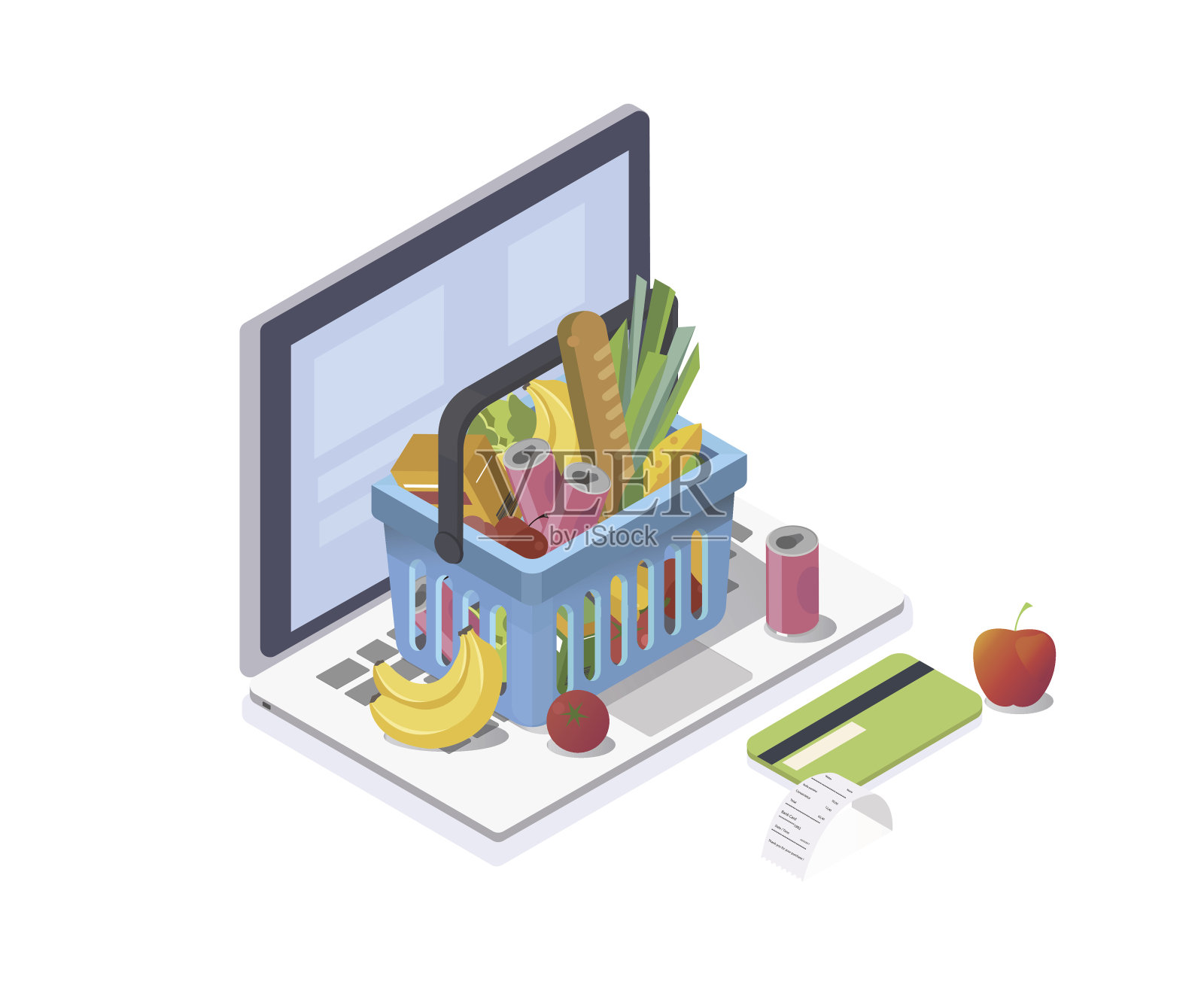 网上购物等距概念。电脑键盘上放着一个装着新鲜食物和饮料的购物篮。矢量插图。设计元素图片