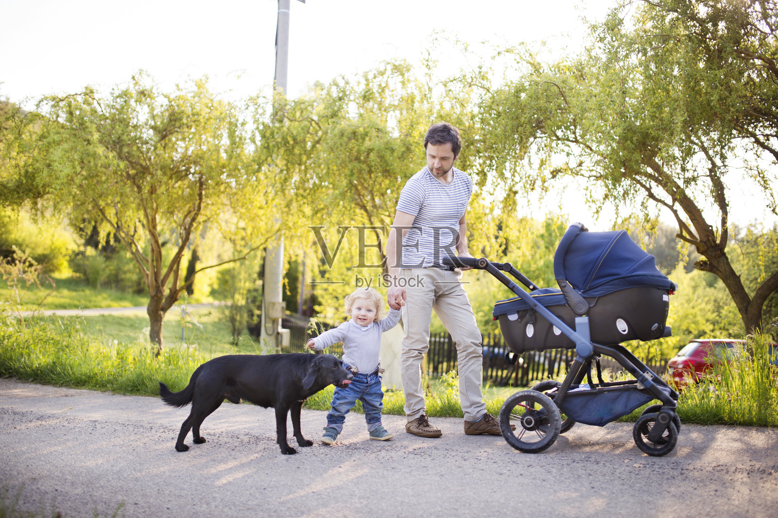 父亲和儿子和小女儿在婴儿车里。阳光明媚的公园。照片摄影图片