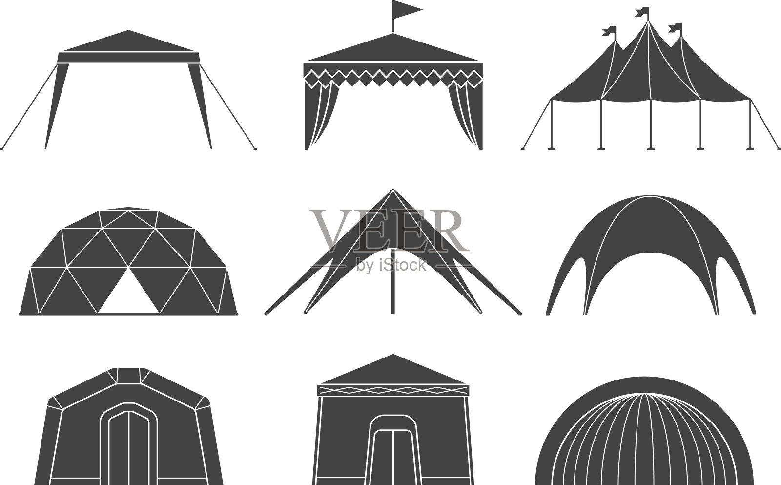 一套各种设计的帐篷，用于露营和帐篷设计元素图片
