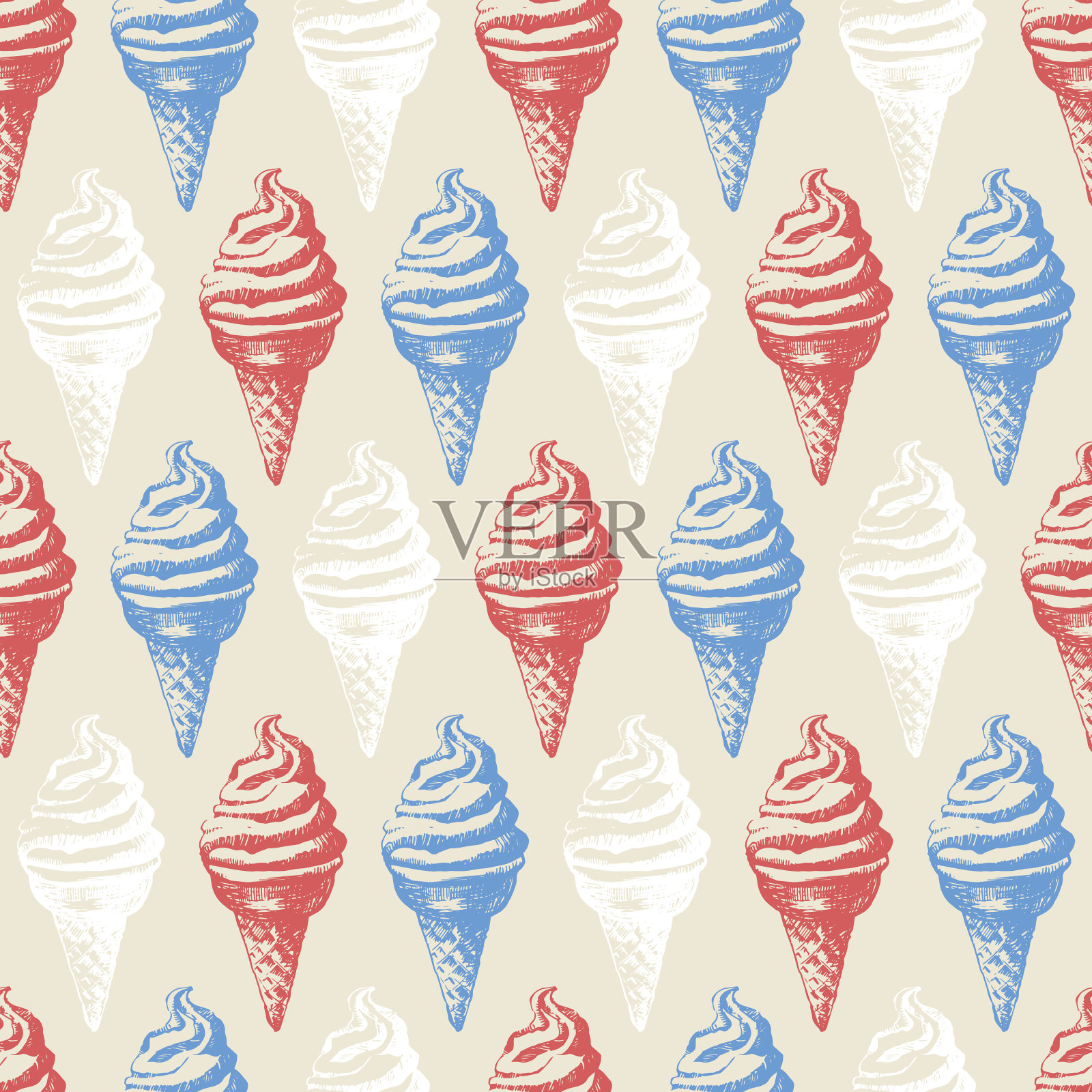 无缝的食物图案与色彩丰富的甜筒冰淇淋。设计元素图片