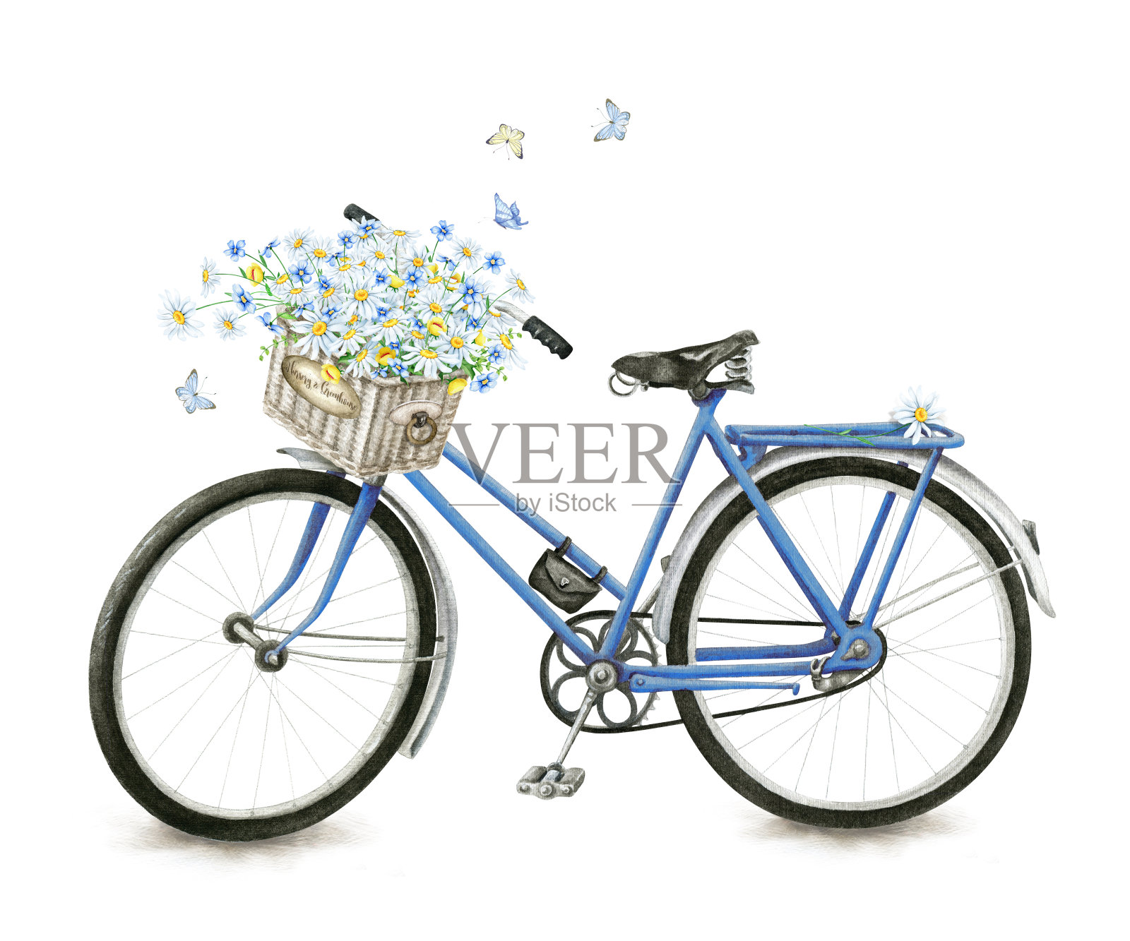 水彩蓝色自行车与美丽的花篮设计元素图片
