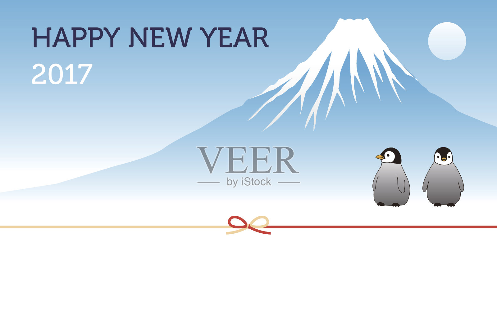 富士山和企鹅的新年贺卡插画图片素材