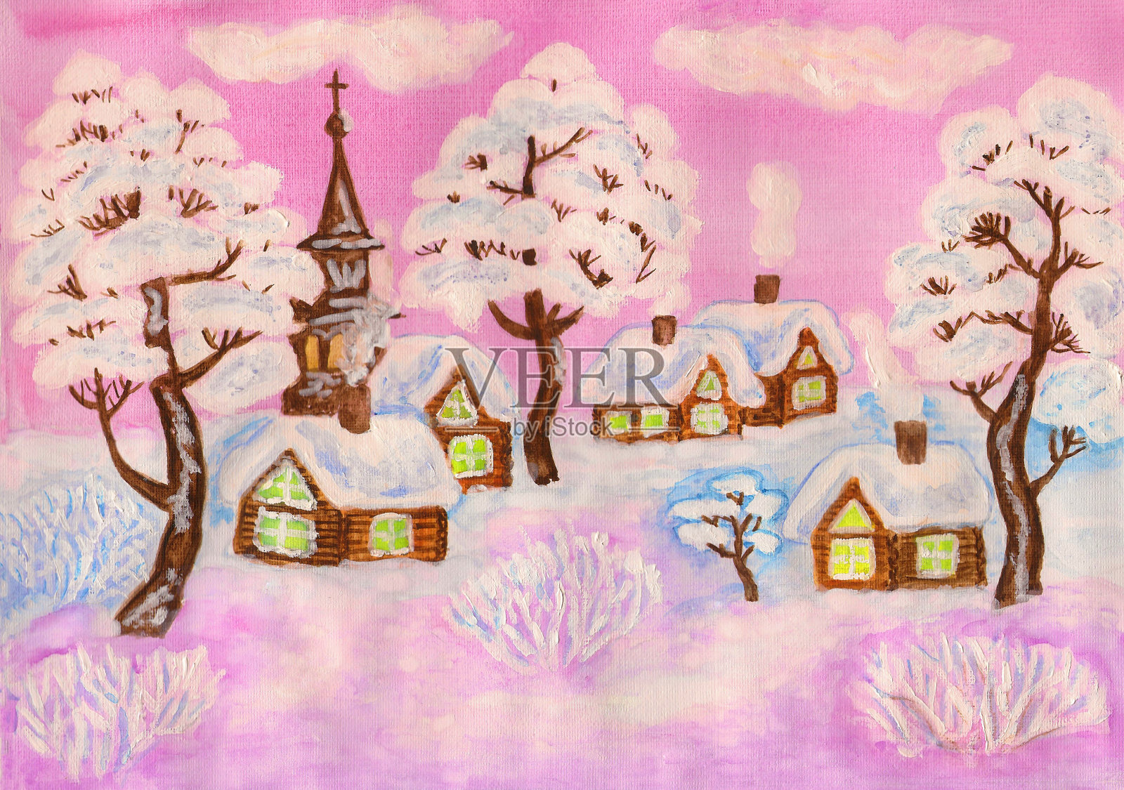 冬天的风景画上了粉红色，画上了插画图片素材