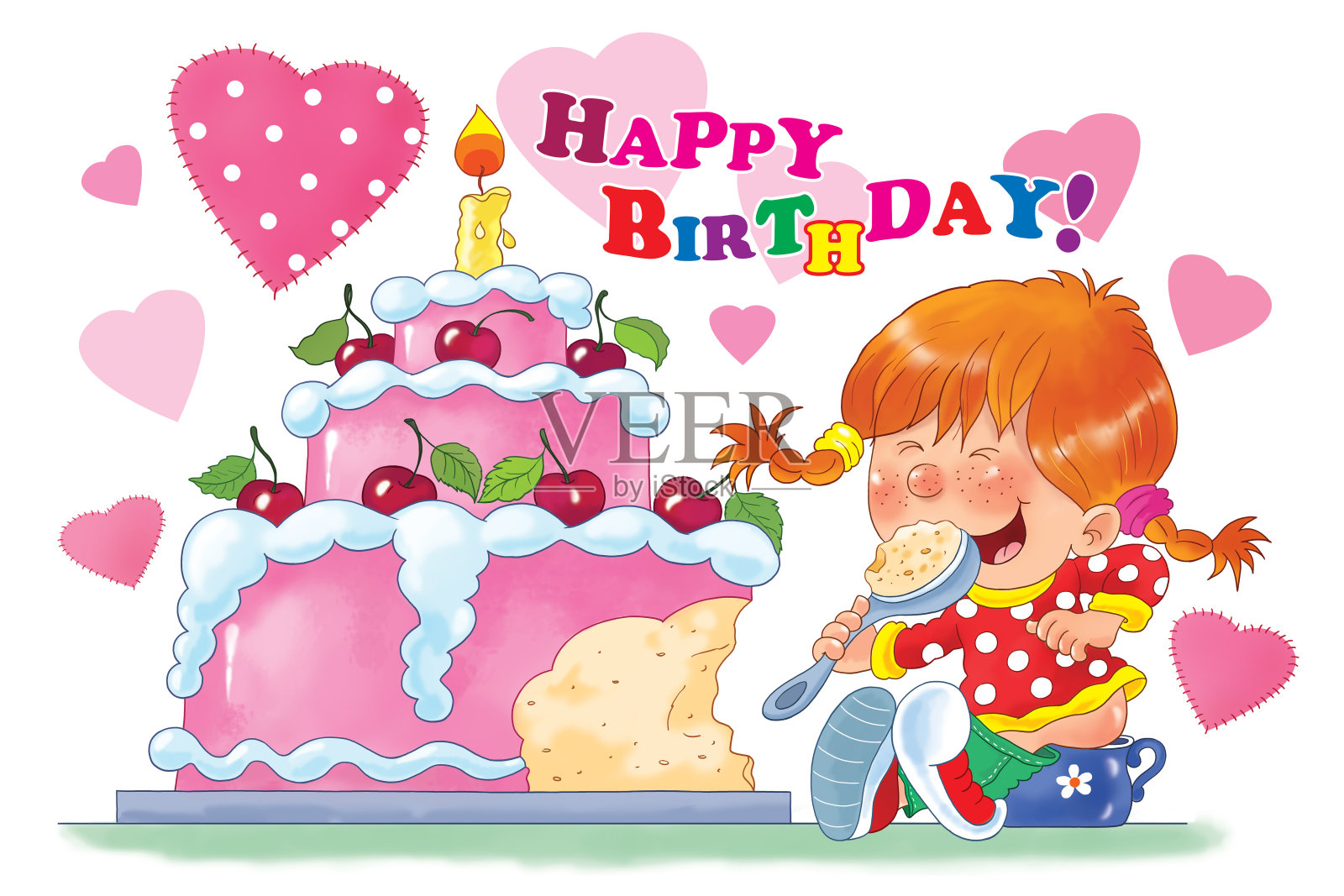 一个可爱的女孩在吃她的生日蛋糕。生日贺卡。儿童插图设计模板素材