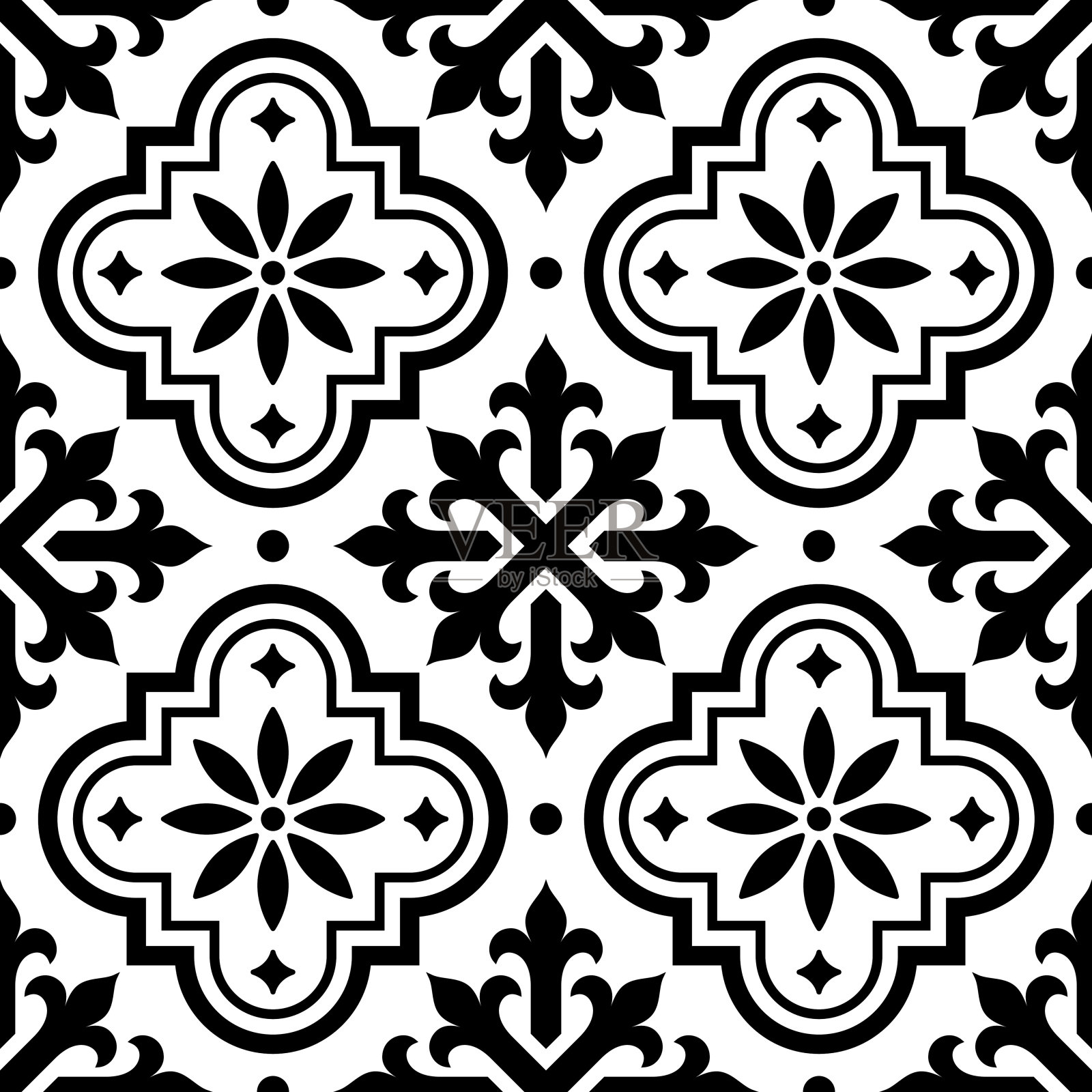 西班牙瓷砖图案，摩洛哥瓷砖设计，无缝黑白背景-阿苏莱霍插画图片素材