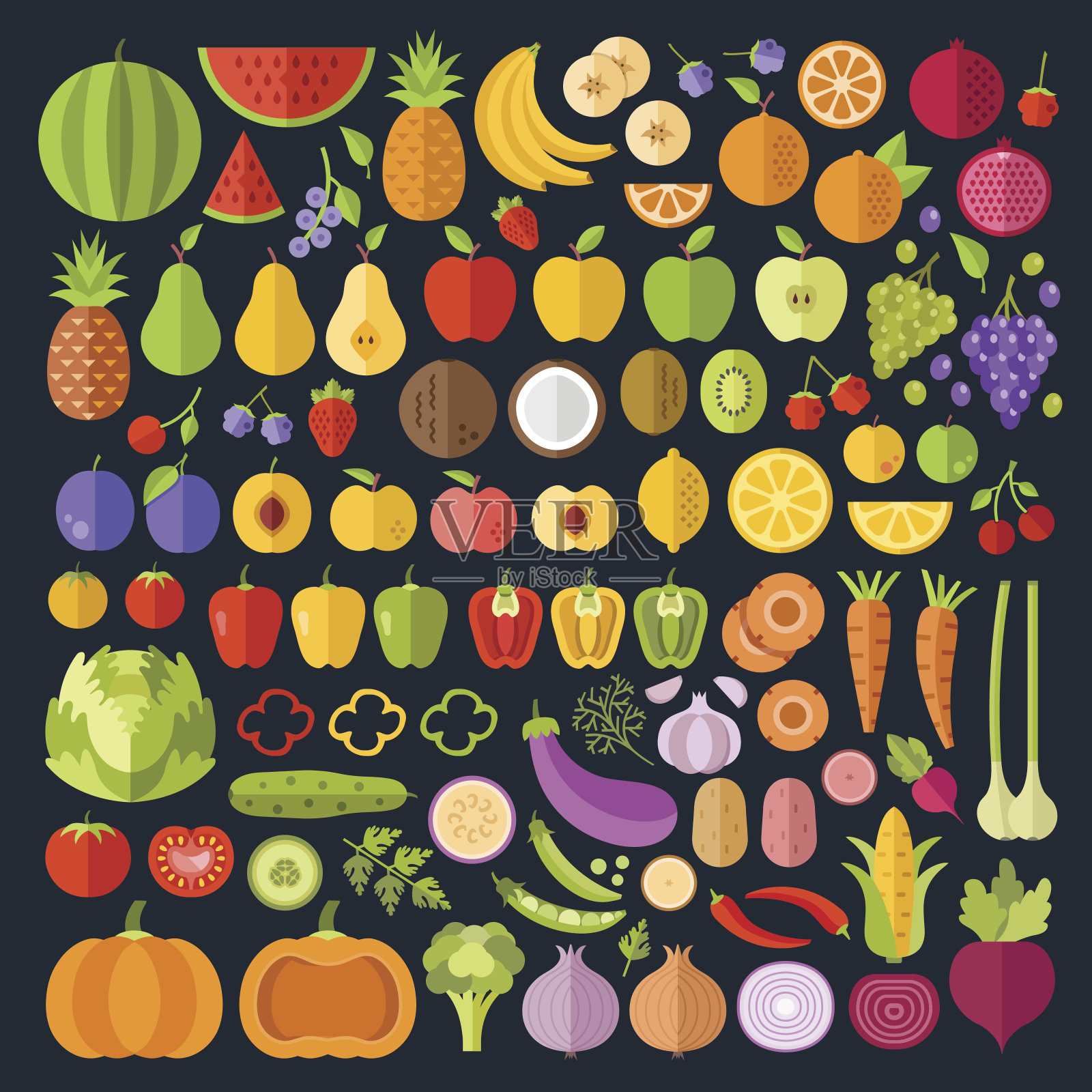 水果和蔬菜图标集。现代平面设计平面艺术的网站横幅，网站，信息图表。整个和切片蔬菜和水果的图标。矢量图插画图片素材