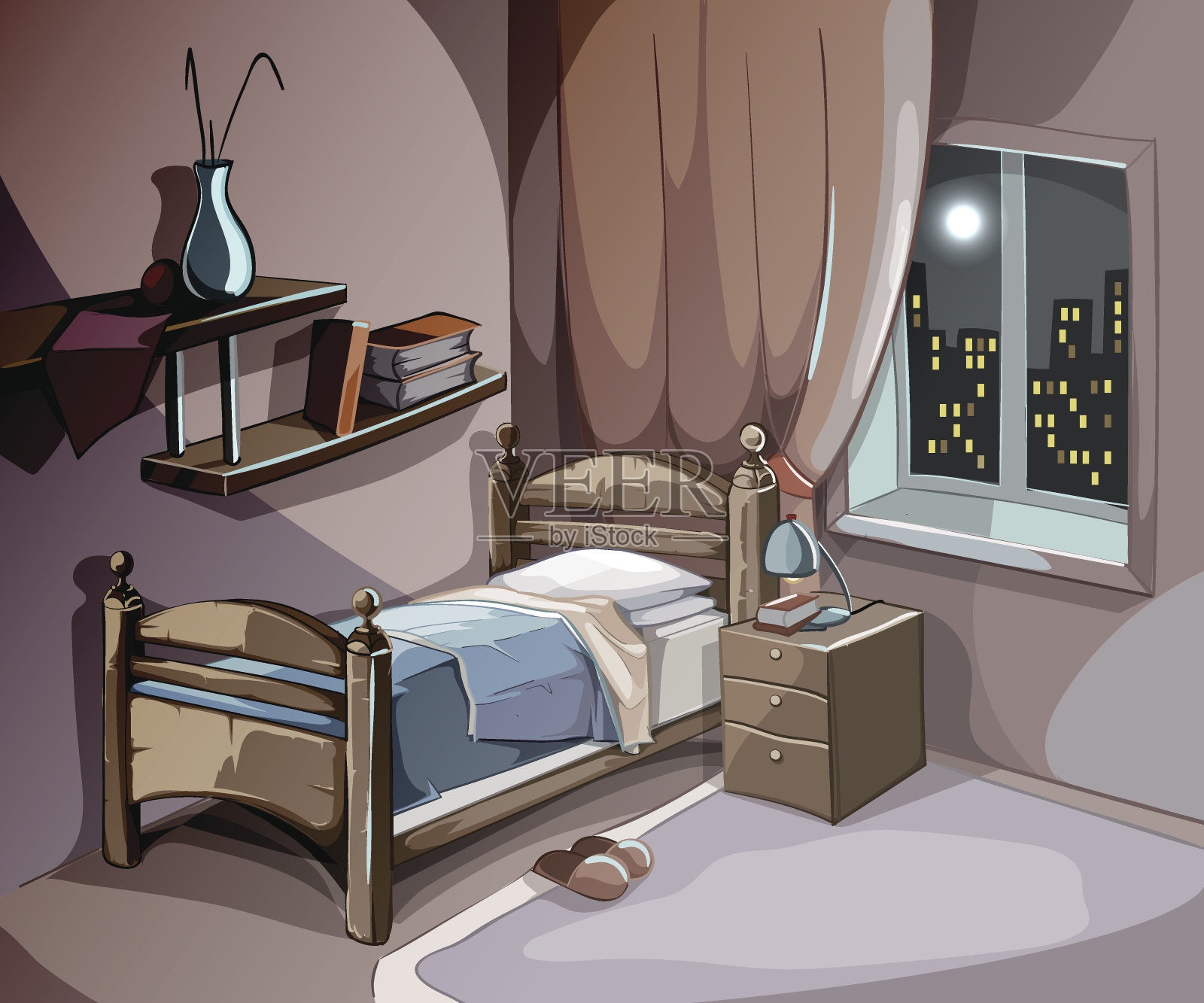 卧室室内在晚上的卡通风格。向量概念睡觉设计元素图片