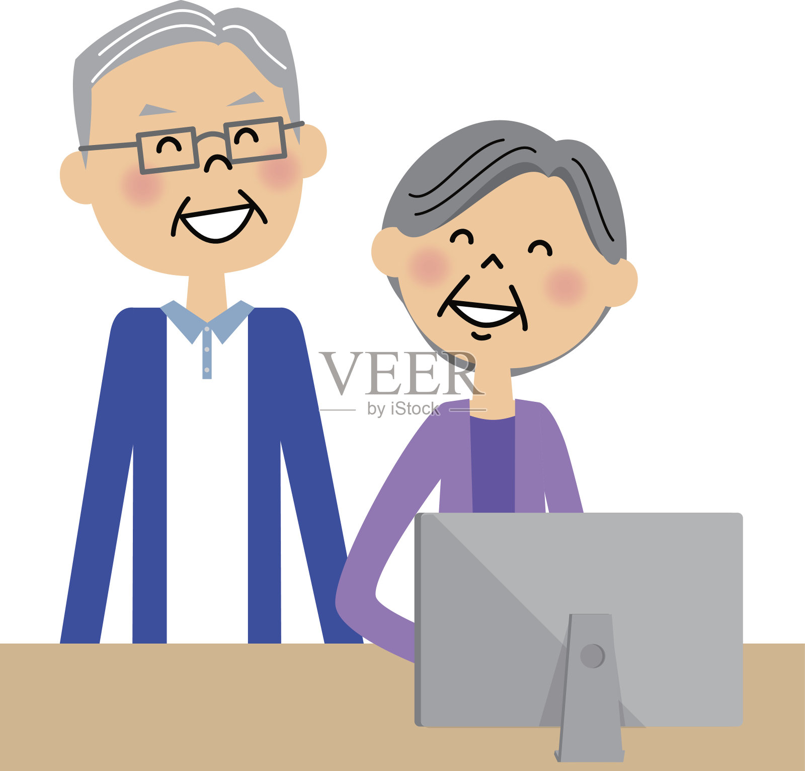 一对操作个人电脑的老夫妇插画图片素材