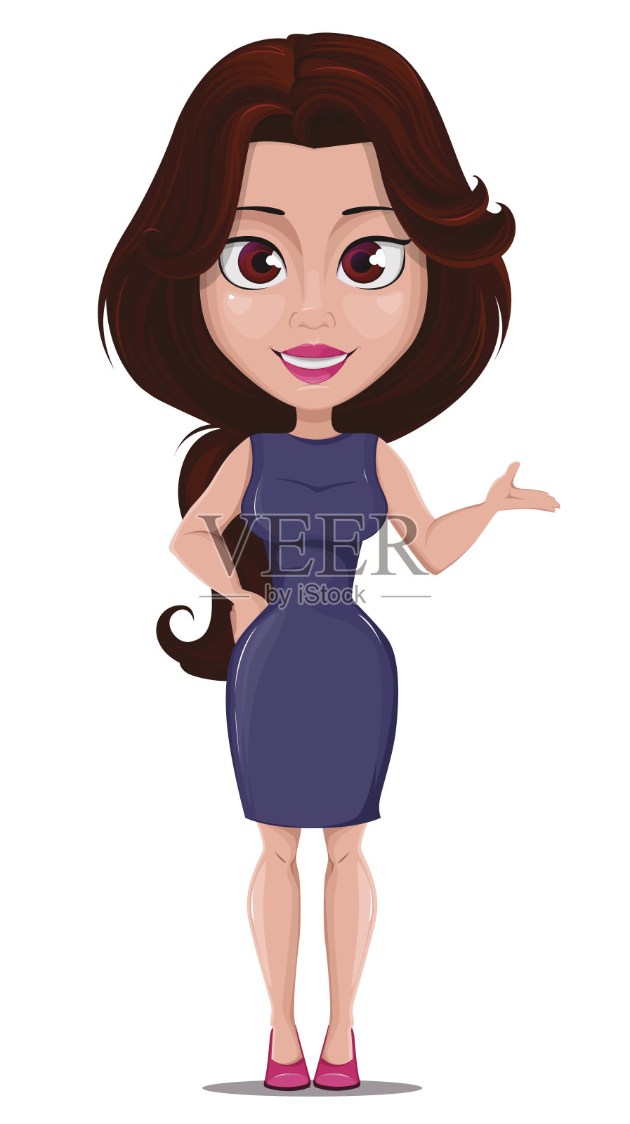 商业女性卡通人物设计，动画。穿着深紫色连衣裙的现代美丽的商务女性。插画图片素材
