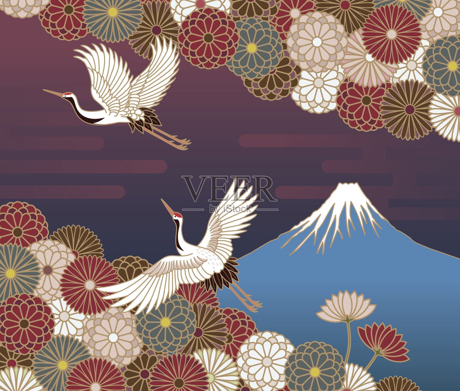 富士山，鹤和菊花花，日本传统图案插画图片素材