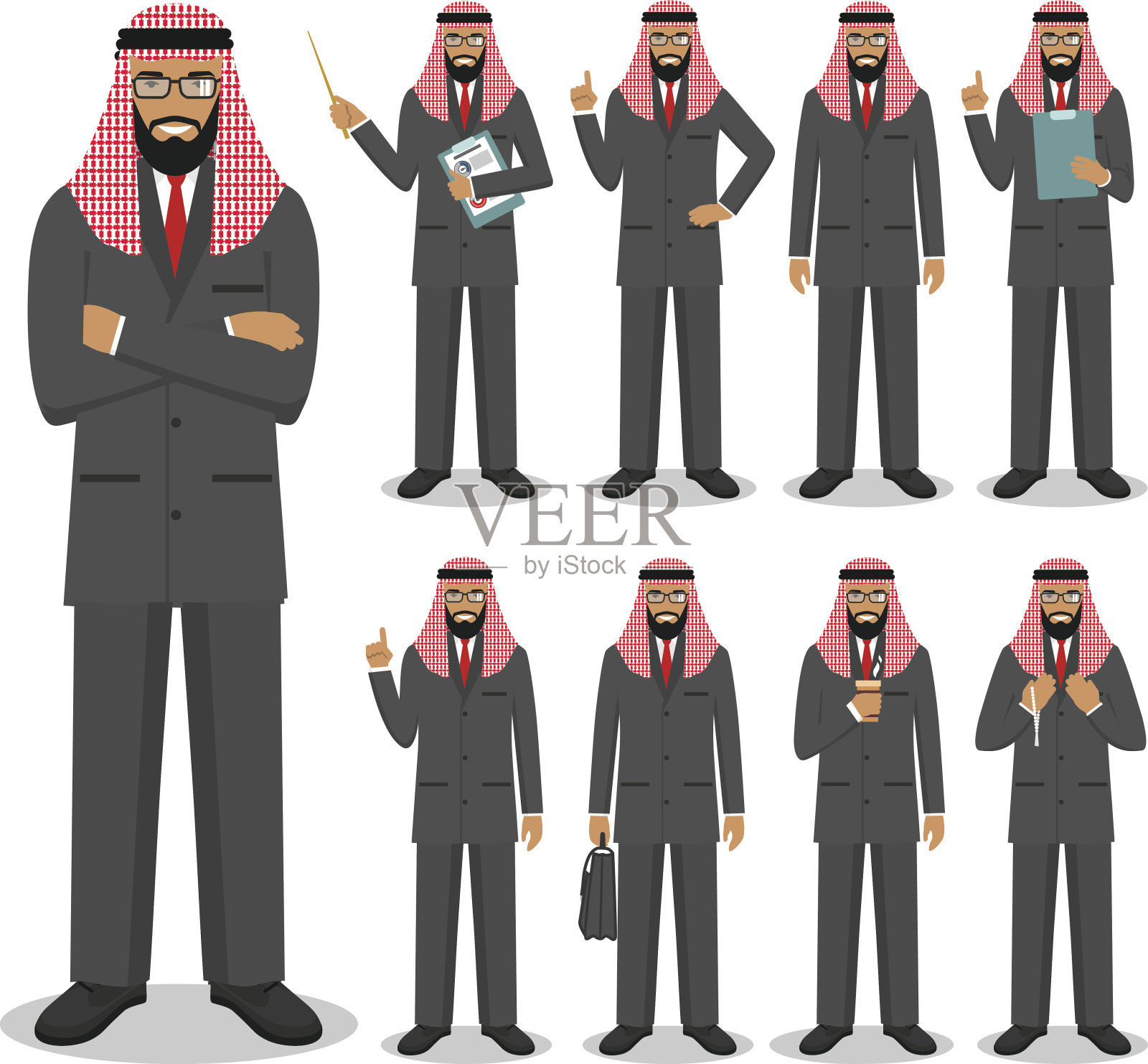 经营理念。详细说明穆斯林阿拉伯商人站在不同的位置在平面风格孤立在白色背景。矢量图设计元素图片