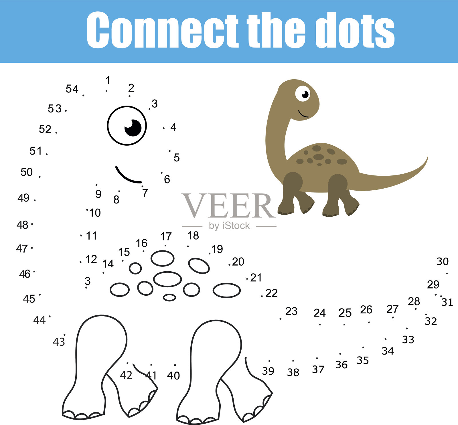 用数字连接点的儿童教育游戏。打印工作表的活动。动物主题,恐龙插画图片素材