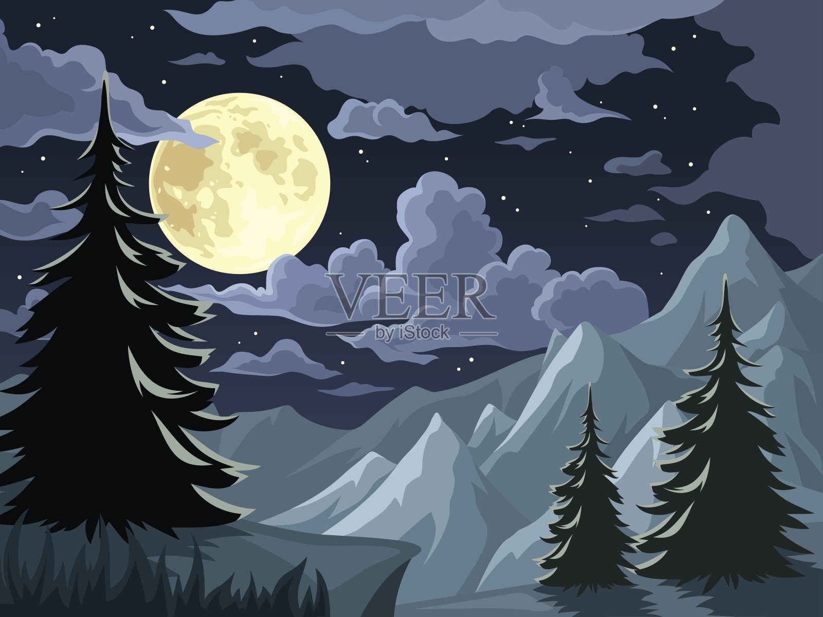 夜晚的风景与树木，山脉和满月。矢量插图。插画图片素材