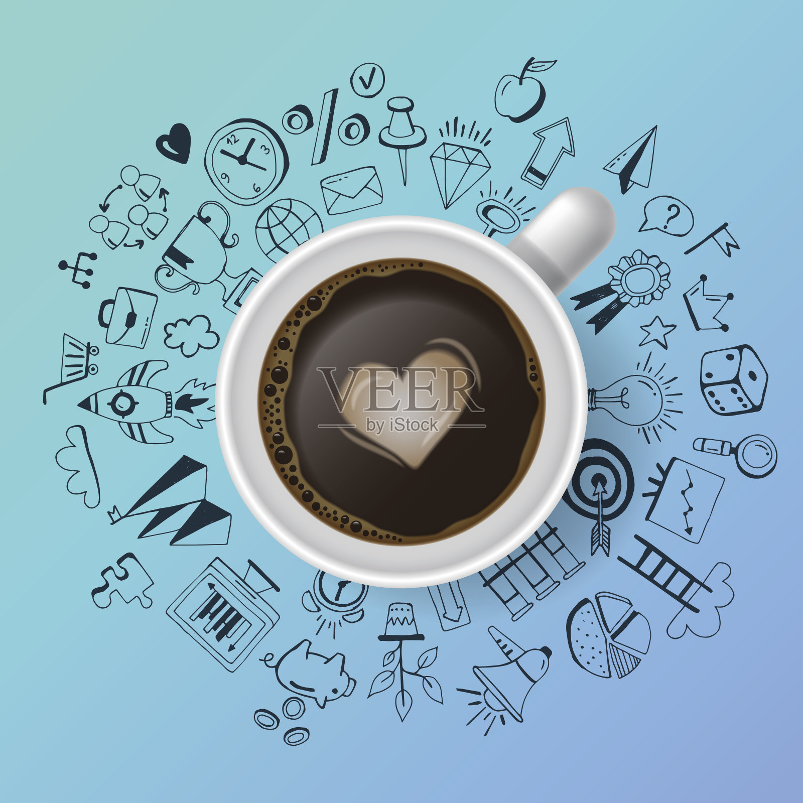 创意概念与现实的咖啡杯和手绘图标。平躺风格图标素材
